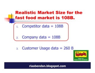 Realistic Market Size for the
fast food market is 108B.
1.   Competitor data = 108B

2.   Company data = 108B

3.   Customer Usage data = 260 B



        riaabendan.blogspot.com
 