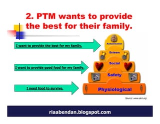2. PTM wants to provide
      the best for their family.

I want to provide the best for my family.




I want to provide good food for my family.




      I need food to survive.

                                              Source: www.akri.org




                    riaabendan.blogspot.com
 