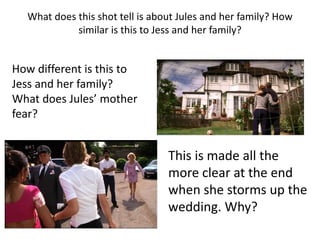 What does this shot tell is about Jules and her family? How
similar is this to Jess and her family?
This is made all the
more clear at the end
when she storms up the
wedding. Why?
How different is this to
Jess and her family?
What does Jules’ mother
fear?
 