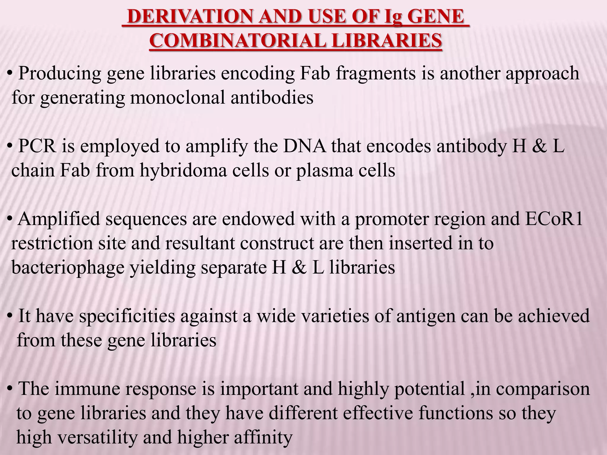 DERIVATION AND USE OF Ig GENE
COMBINATORIAL LIBRARIES
• Producing gene libraries encoding Fab fragments is another approach
for generating monoclonal antibodies
• PCR is employed to amplify the DNA that encodes antibody H & L
chain Fab from hybridoma cells or plasma cells
• Amplified sequences are endowed with a promoter region and ECoR1
restriction site and resultant construct are then inserted in to
bacteriophage yielding separate H & L libraries
• It have specificities against a wide varieties of antigen can be achieved
from these gene libraries
• The immune response is important and highly potential ,in comparison
to gene libraries and they have different effective functions so they
high versatility and higher affinity
 