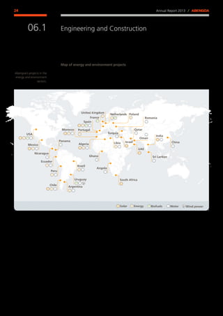 Annual Report 2013 ⁄ ABENGOA24
Engineering and Construction
﻿
06.1
Map of energy and environment projects
Abengoa’s projects in the
energy and environment
sectors.
USA
Ecuador
Peru
Ghana
Turquía
Angola
Mexico Algeria
Nicaragua
Brazil
Libia
Panama
United Kingdom
Portugal
France
Spain
India
Morocco
South Africa
UAE
Qatar
Sri Lankan
China
Netherlands
Oman
Poland
Romania
Solar Energy Biofuels Water
Chile
Argentina
Uruguay
Wind power
Israel
 