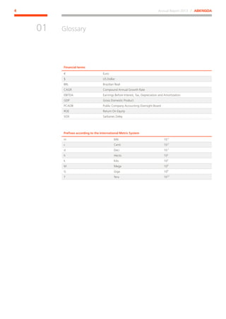 Annual Report 2013 ⁄ ABENGOA4
Glossary
﻿
01
Financial terms
€ Euro
$ US Dollar
BRL Brazilian Real
CAGR Compound Annual Growth Rate
EBITDA Earnings Before Interest, Tax, Depreciation and Amortization
GDP Gross Domestic Product
PCAOB Public Company Accounting Oversight Board
ROE Return On Equity
SOX Sarbanes Oxley
Prefixes according to the International Metric System
m Mili 10-3
c Centi 10-2
d Deci 10-1
h Hecto 102
k Kilo 103
M Mega 106
G Giga 109
T Tera 1012
 