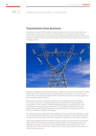 Annual Report 2013 ⁄ ABENGOA42
Infrastructures under Concession
﻿
06.2
Transmission lines business
Transmission lines permit efficient and sustainable transport of electricity. Transmission assets are
an essential part of the power infrastructure, significantly more so taking into account various
factors such as spiraling electricity consumption, the widening gap between generation facilities and
consumers, the ever-increasing weight of renewable sources on electricity markets and the growth of
emerging countries.
Abengoa is operating and constructing more than 11,000 km in transmission line concessions, double
the 2012 figure. The company is one of the leading private concessionaires in Latin America with
assets in Peru, Chile and, above all, Brazil, where it secured four new major transmission projects this
year, amounting to almost 3,200 km.
Large-scale transmission and distribution systems are one of Abengoa’s business strategies.
The company is the sector’s undisputed market leader worldwide, with a big advantage over
its competitors. As the company is vertically integrated and boasts an undisputed track record
in transmission line engineering and construction, it is fully capable of tapping into the huge
opportunities currently emerging worldwide in the area of transmission concessions, with this
concession model becoming ever more frequent.
The company has unique capabilities for the management of its own assets under concession. It covers
the entire value chain, from promotion, financing, design and engineering, to the supply of equipment,
manufacture of metal structures, construction, establishment, operation and maintenance of systems.
These unique capabilities allow the company to transport power, not only to big cities and industrial
hubs, but also to remote locations and under extreme conditions. The company faces the future
challenge of assuming the concession of Brazil’s highest direct current transmission line, and a
transmission line in Peru that will reach a height of up to 3,000 m above sea level. Both projects are
currently under construction.
 
