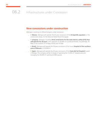Annual Report 2013 ⁄ ABENGOA55
Infrastructures under Concession
﻿
06.2
New concessions under construction
Abengoa is working on different projects under concession:
__ In Mexico, Abengoa will operate the 25-year concession of the El Zapotillo aqueduct, in the
construction phase, for the National Water Board (Conagua).
__ In Uruguay, Abengoa is building three wind farms for the state electric utility (UTE) that
will operate for 20 years, with capacities of 50 MW (in Cuchilla de Peralta, Tacuarembó), 50
MW (in the outskirts of Trinidad, Flores) and 70 MW.
__ In Brazil, Abengoa will operate the 18-year concession of the future Hospital of the northern
zone of Manaos, of 30,000 m2
.
__ In Spain, Abengoa will operate the 40-year concession of the Costa del Sol Hospital located
in Malaga. The company will be in charge of operating the 31,000-m2
hospital area and
managing the 25,000-m2
parking lot (960 spaces).
 
