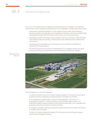 Annual Report 2013 ⁄ ABENGOA59
Industrial Production
﻿
06.3
In this area, the corporate mission of Abengoa´s bioenergy business is to engage in the following
activities with a view to reaping the greatest returns for its stakeholders, industry and society at large:
__ Fostering the sustainable development of the transport biofuel market while developing
biochemical products through the use of renewable raw materials and environmentally-friendly
technologies that help curb GHG emissions and cushion the environmental impact.
__ Developing innovative technology solutions through continuous investment in RD, leading to
more efficient production processes, diversification of raw materials and the manufacture of
new products.
__ Creating value for shareholders by focusing business on the creation of profitable and
sustainable technology solutions.
__ Promoting the personal and professional development of its employees through continuous
training and setting up and overseeing customized development objectives and plans.
With this approach, it is the aim of Abengoa:
__ To cement its position as one of the world’s leading companies in the production and sale of
biofuels and chemical bioproducts manufactured from renewable raw materials.
__ To be recognized as a global leader in research and development, renowned for its
technological innovation in converting biomass into fermentable sugars and then into
bioethanol, biodiesel, kerosene-type jet fuel and chemical bioproducts, and in upgrading first-
generation assets so as to diversify its product portfolio.
__ To provide an unrivalled working environment to attract the finest human talent and maintain
its excellent levels of business.
__ To attract the interest and gain the respect of the financial community through sustained
growth and technological innovation.
Bioethanol plant in
York, USA.
 