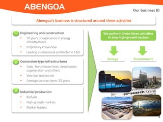 Engineering and construction
• 70 years of experience in energy
infrastructures
• Proprietary know-how
• Leading international contractor in T&D
4
1
Concession-type infrastructures
• Solar, transmission lines, desalination,
cogeneration and others
• Very low market risk
• Average contract term: 25 years
2
Industrial production
• Biofuels
• High-growth markets
• Market leaders
3
Abengoa’s business is structured around three activities
Energy Environment
We perform these three activities
in two high-growth sectors
Our business (I)
 