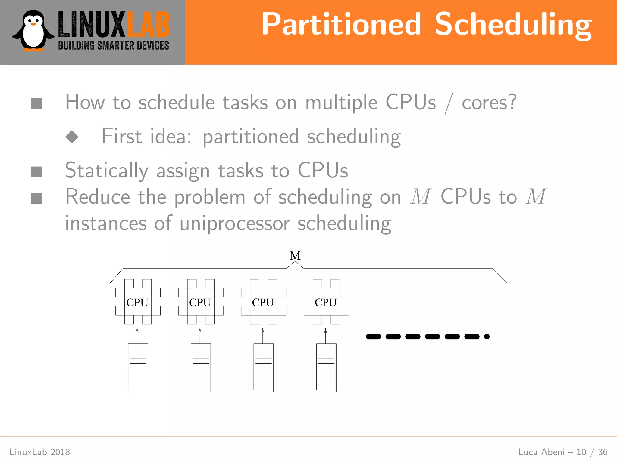 Partitioned Scheduling
LinuxLab 2018 Luca Abeni – 10 / 36
■ How to schedule tasks on multiple CPUs / cores?
◆ First idea: partitioned scheduling
■ Statically assign tasks to CPUs
■ Reduce the problem of scheduling on M CPUs to M
instances of uniprocessor scheduling
CPU CPU CPU CPU
M
 