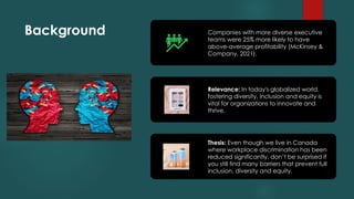 6
Background Companies with more diverse executive
teams were 25% more likely to have
above-average profitability (McKinsey &
Company, 2021).
Relevance: In today's globalized world,
fostering diversity, inclusion and equity is
vital for organizations to innovate and
thrive.
Thesis: Even though we live in Canada
where workplace discrimination has been
reduced significantly, don’t be surprised if
you still find many barriers that prevent full
inclusion, diversity and equity.
 