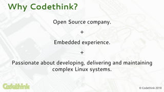 © Codethink 2018
Why Codethink?
Open Source company.
+
Embedded experience.
+
Passionate about developing, delivering and maintaining
complex Linux systems.
 