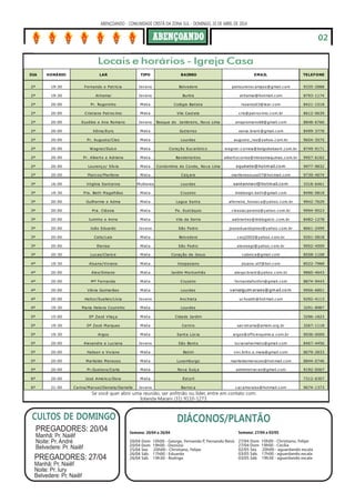 ABENÇOANDO - COMUNIDADE CRISTÃ DA ZONA SUL - DOMINGO, 20 DE ABRIL DE 2014
02
Locais e horários - Igreja Casa
Se você quer abrir uma reunião, ser anfitrião ou líder, entre em contato com:
Iolanda Marani (31) 9110-1273.
Comunidade CristãdaZonaSul
DÍZIMOS
DIÁCONOS/PLANTÃOCULTOS DE DOMINGO
PREGADORES: 20/04
Manhã: Pr. Naiêf
Noite: Pr. André
Belvedere: Pr. Naiêf
Semana: 20/04 a 26/04
20/04 Dom 10h00 - George, Fernando P, Fernando Renó
20/04 Dom 19h00 - Dionizio
25/04 Sex 20h00 - Christiano, Felipe
26/04 Sáb. 17h00 - Eduardo
26/04 Sáb 19h30 - Rodrigo
DIA HORÁRIO LAR TIPO BAIRRO EMAIL TELEFONE
2ª 19:30 Fernando e Patric ia Jovens Belvedere patloureiroc ampos@gmail.c om 9335-2888
2ª 19:30 Athamai Jovens Buritis athamai@hotmail.c om 8793-1174
2ª 20:00 Pr. Rogerinho Mista Colégio Batista rsoares03@lear.c om 8421-1518
2ª 20:00 Cristiane Patroc ínio Mista Vila Castela c ris@patroc inio.c om.br 8612-0639
2ª 20:00 Euzébio e Ana Romano Jovens Bosque do Jambreiro, Nova Lima anapromano68@gmail.c om 8848-6766
2ª 20:00 Xênia/Euro Mista Gutierrez xenia.brant@gmail.c om 8499-3778
2ª 20:00 Pr. Augusto/Cleo Mista Lourdes augusto_ros@yahoo.c om.br 9654-3575
2ª 20:00 Wagner/Dulc e Mista Coraç ão Euc arístic o wagner.c orreia@belgobekaert.c om.br 8749-9171
2ª 20:00 Pr. Alberto e Adriana Mista Bandeirantes albertoc orrea@minasmaquinas.c om.br 9957-6162
2ª 20:00 Lourenç o/ Sílvia Mista Condomínio do Conde, Nova Lima squinete@hotmail.com 9977-9832
2ª 20:00 Marcos/Marilene Mista Caiç ara marilenesousa57@hotmail.c om 9739-4674
3ª 16:00 Virgínia Santanna Mulheres Lourdes santannavi@hotmail.com 3318-6461
3ª 19:30 Pra. Beth Magalhães Mista Cruzeiro bmdesign.beth@gmail.c om 8496-0818
3ª 20:00 Guilherme e Adma Mista Lagoa Santa aferreira_fonsec a@yahoo.c om.br 9942-7629
3ª 20:00 Pra. Cléssia Mista Pe. Eustáquio c lessiac pereira@yahoo.c om.br 9994-9523
3ª 20:00 Juninho e Anne Mista Vila da Serra aabrantes@linklogistic .c om.br 8482-1278
3ª 20:00 João Eduardo Jovens São Pedro joaoeduardopires@yahoo.c om.br 8661-2499
3ª 20:00 Celio/Lais Mista Belvedere c soj2002@yahoo.c om.br 9201-5818
3ª 20:00 Elenise Mista São Pedro elenisegr@yahoo.c om.br 9952-4509
3ª 20:30 Luc as/Claric e Mista Coraç ão de Jesus c abeic a@gmail.c om 8558-1108
4ª 19:30 Aluane/Viviane Mista Vespasiano aluane.etf@bol.c om 8522-7968
4ª 20:00 Alex/Simone Mista Jardim Montanhês alexpc brant@yahoo.c om.br 9860-4643
4ª 20:00 Mª Fernanda Mista Cruzeiro fernandafonfon@gmail.c om 8874-9443
4ª 20:00 Vânia Guimarães Mista Lourdes vanialguimaraes@gmail.com 9956-6801
4ª 20:00 Heitor/Suellen/Lívia Jovens Anc hieta uc hoabh@hotmail.c om 9292-4113
4ª 19:30 Maria Helena Coutinho Mista Lourdes 3291-8987
5ª 15:00 Dª Zezé Vilaç a Mista Cidade Jardim 3296-1823
5ª 19:30 Dª Zezé Marques Mista Centro sec retaria@amem.org.br 3267-1118
5ª 19:30 Argos Mista Santa Lúc ia argos@offic erquimic a.c om.br 9936-0009
5ª 20:00 Alexandre e Luc iana Jovens São Bento luc ianahermeto@gmail.c om 8467-4456
5ª 20:00 Halison e Viviane Mista Betim vivi.brito.o.maia@gmail.c om 8679-2833
5ª 20:00 Marileide Menezes Mista Luxemburgo marileidemenezes@hotmail.c om 8844-0746
5ª 20:00 Pr.Gustavo/Carla Mista Nova Suíç a administrac ao@gmail.c om 9192-0567
6ª 20:00 José Améric o/Dora Mista Estoril 7312-6307
6ª 21:00 Carina/Manuel/Daniela/Danielle Jovens Barroc a c ac amoraiss@hotmail.c om 9674-1373
PREGADORES: 27/04
Manhã: Pr. Naiêf
Noite: Pr. Iury
Belvedere: Pr. Naiêf
Semana: 27/04 a 03/05
27/04 Dom 10h00 - Christiano, Felipe
27/04 Dom 19h00 - Cecília
02/05 Sex 20h00 - aguardando escala
03/05 Sáb. 17h00 - aguardando escala
03/05 Sáb 19h30 - aguardando escala
 