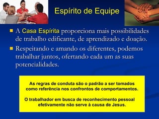 Espírito de Equipe A  Casa   Espírita  proporciona mais possibilidades de trabalho edificante, de aprendizado e doação. Respeitando e amando os diferentes, podemos trabalhar juntos, ofertando cada um as suas potencialidades. As regras de conduta são o padrão a ser tomados como referência nos confrontos de comportamentos. O trabalhador em busca de reconhecimento pessoal  efetivamente não serve à causa de Jesus. 
