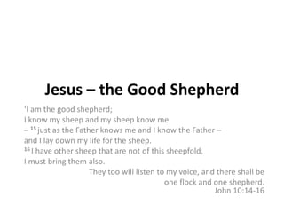 Jesus – the Good Shepherd
‘I am the good shepherd;
I know my sheep and my sheep know me
– 15 just as the Father knows me and I know the Father –
and I lay down my life for the sheep.
16 I have other sheep that are not of this sheepfold.
I must bring them also.
They too will listen to my voice, and there shall be
one flock and one shepherd.
John 10:14-16
 