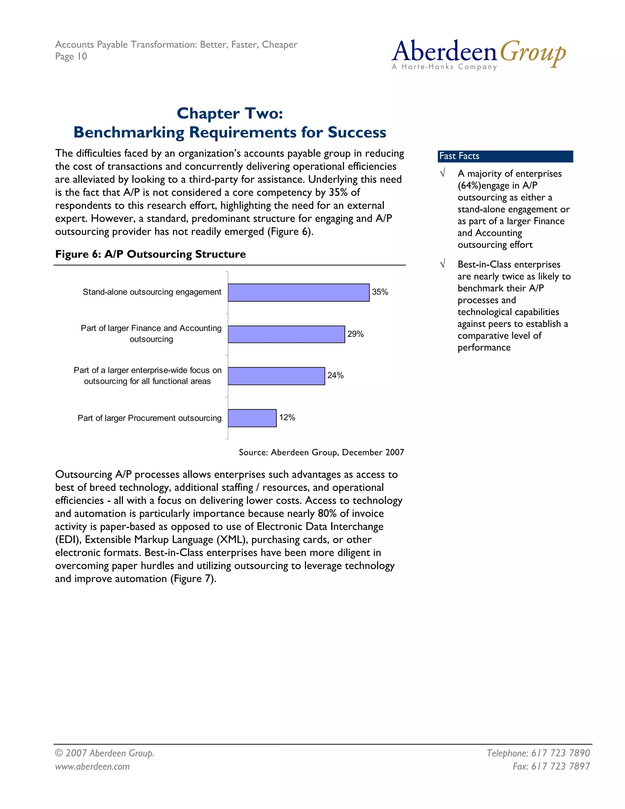 Accounts Payable Transformation: Better, Faster, Cheaper
Page 10




               Chapter Two:
    Benchmarking Requirements for Success
The difficulties faced by an organization’s accounts payable group in reducing          Fast Facts
the cost of transactions and concurrently delivering operational efficiencies
                                                                                        √   A majority of enterprises
are alleviated by looking to a third-party for assistance. Underlying this need
                                                                                            (64%)engage in A/P
is the fact that A/P is not considered a core competency by 35% of                          outsourcing as either a
respondents to this research effort, highlighting the need for an external                  stand-alone engagement or
expert. However, a standard, predominant structure for engaging and A/P                     as part of a larger Finance
outsourcing provider has not readily emerged (Figure 6).                                    and Accounting
                                                                                            outsourcing effort
Figure 6: A/P Outsourcing Structure
                                                                                        √   Best-in-Class enterprises
                                                                                            are nearly twice as likely to
      Stand-alone outsourcing engagement                                       35%          benchmark their A/P
                                                                                            processes and
                                                                                            technological capabilities
     Part of larger Finance and Accounting                                                  against peers to establish a
                   outsourcing
                                                                         29%                comparative level of
                                                                                            performance

    Part of a larger enterprise-wide focus on
                                                                   24%
      outsourcing for all functional areas



     Part of larger Procurement outsourcing             12%



                                                Source: Aberdeen Group, December 2007

Outsourcing A/P processes allows enterprises such advantages as access to
best of breed technology, additional staffing / resources, and operational
efficiencies - all with a focus on delivering lower costs. Access to technology
and automation is particularly importance because nearly 80% of invoice
activity is paper-based as opposed to use of Electronic Data Interchange
(EDI), Extensible Markup Language (XML), purchasing cards, or other
electronic formats. Best-in-Class enterprises have been more diligent in
overcoming paper hurdles and utilizing outsourcing to leverage technology
and improve automation (Figure 7).




© 2007 Aberdeen Group.                                                                               Telephone: 617 723 7890
www.aberdeen.com                                                                                           Fax: 617 723 7897
 