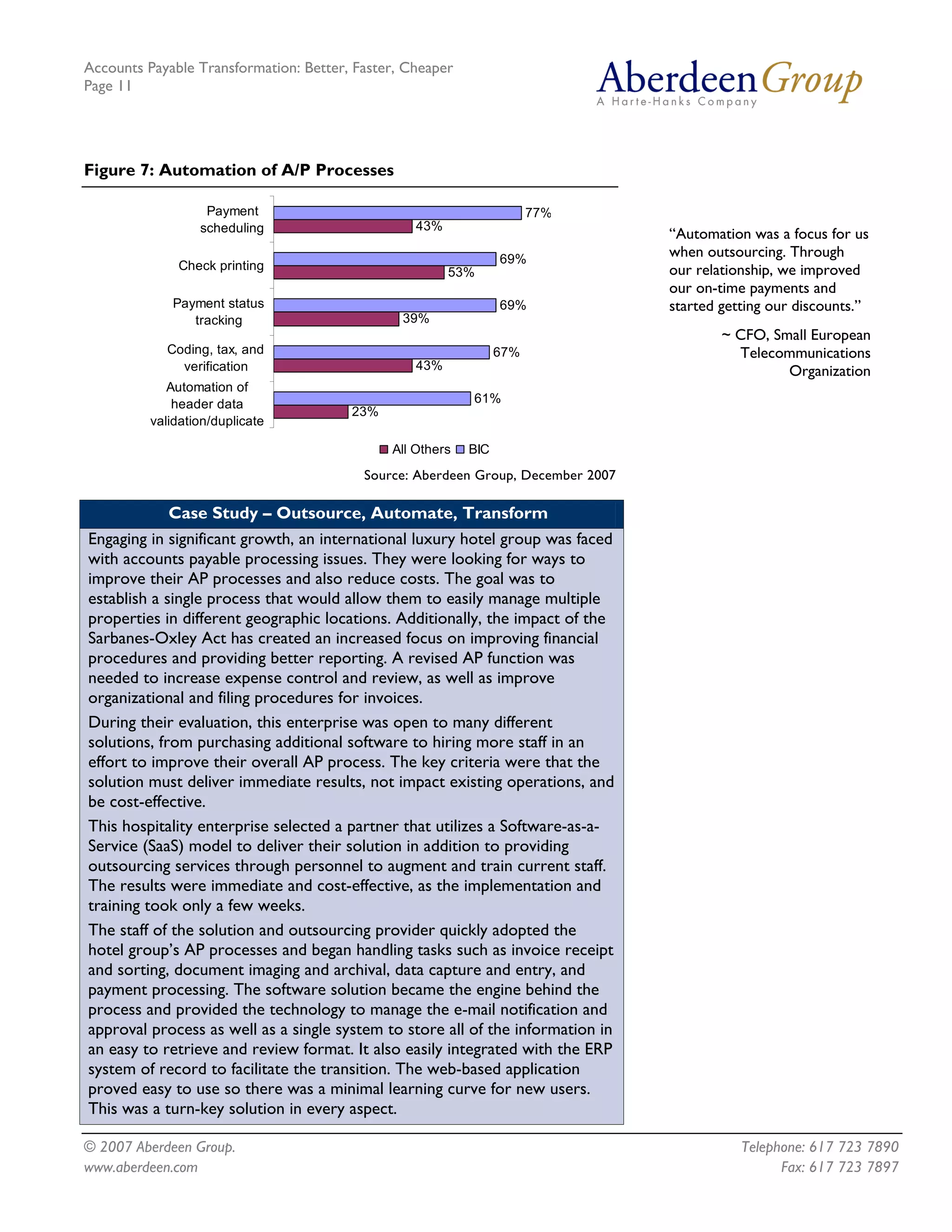 Accounts Payable Transformation: Better, Faster, Cheaper
Page 11




Figure 7: Automation of A/P Processes

                   Payment                                             77%
                  scheduling                      43%
                                                                                  “Automation was a focus for us
                                                                 69%
                                                                                  when outsourcing. Through
              Check printing                            53%                       our relationship, we improved
                                                                                  our on-time payments and
             Payment status                                      69%              started getting our discounts.”
                tracking                        39%
                                                                                          ~ CFO, Small European
            Coding, tax, and                                     67%                        Telecommunications
              verification                        43%                                              Organization
             Automation of
              header data                                  61%
                                        23%
          validation/duplicate

                                              All Others   BIC
                                          Source: Aberdeen Group, December 2007

             Case Study – Outsource, Automate, Transform
Engaging in significant growth, an international luxury hotel group was faced
with accounts payable processing issues. They were looking for ways to
improve their AP processes and also reduce costs. The goal was to
establish a single process that would allow them to easily manage multiple
properties in different geographic locations. Additionally, the impact of the
Sarbanes-Oxley Act has created an increased focus on improving financial
procedures and providing better reporting. A revised AP function was
needed to increase expense control and review, as well as improve
organizational and filing procedures for invoices.
During their evaluation, this enterprise was open to many different
solutions, from purchasing additional software to hiring more staff in an
effort to improve their overall AP process. The key criteria were that the
solution must deliver immediate results, not impact existing operations, and
be cost-effective.
This hospitality enterprise selected a partner that utilizes a Software-as-a-
Service (SaaS) model to deliver their solution in addition to providing
outsourcing services through personnel to augment and train current staff.
The results were immediate and cost-effective, as the implementation and
training took only a few weeks.
The staff of the solution and outsourcing provider quickly adopted the
hotel group’s AP processes and began handling tasks such as invoice receipt
and sorting, document imaging and archival, data capture and entry, and
payment processing. The software solution became the engine behind the
process and provided the technology to manage the e-mail notification and
approval process as well as a single system to store all of the information in
an easy to retrieve and review format. It also easily integrated with the ERP
system of record to facilitate the transition. The web-based application
proved easy to use so there was a minimal learning curve for new users.
This was a turn-key solution in every aspect.

© 2007 Aberdeen Group.                                                                       Telephone: 617 723 7890
www.aberdeen.com                                                                                   Fax: 617 723 7897
 