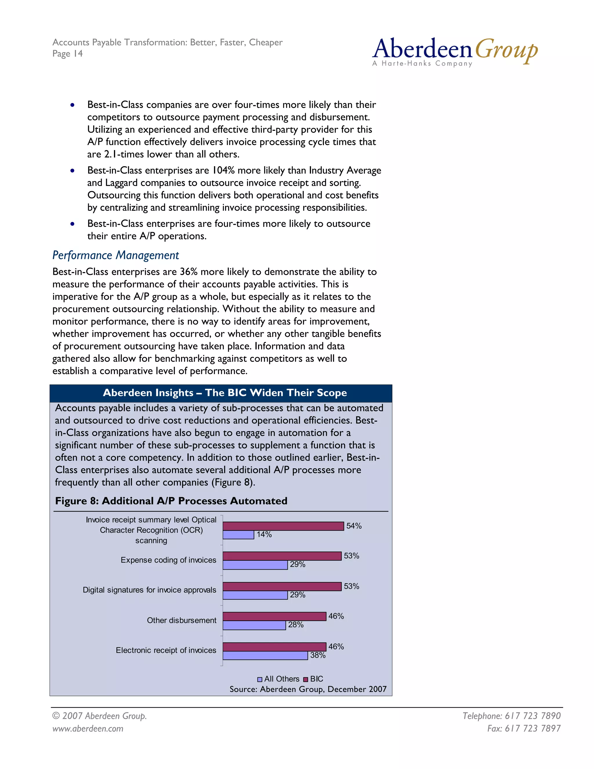 Accounts Payable Transformation: Better, Faster, Cheaper
Page 14




    •    Best-in-Class companies are over four-times more likely than their
         competitors to outsource payment processing and disbursement.
         Utilizing an experienced and effective third-party provider for this
         A/P function effectively delivers invoice processing cycle times that
         are 2.1-times lower than all others.
    •    Best-in-Class enterprises are 104% more likely than Industry Average
         and Laggard companies to outsource invoice receipt and sorting.
         Outsourcing this function delivers both operational and cost benefits
         by centralizing and streamlining invoice processing responsibilities.
    •    Best-in-Class enterprises are four-times more likely to outsource
         their entire A/P operations.
Performance Management
Best-in-Class enterprises are 36% more likely to demonstrate the ability to
measure the performance of their accounts payable activities. This is
imperative for the A/P group as a whole, but especially as it relates to the
procurement outsourcing relationship. Without the ability to measure and
monitor performance, there is no way to identify areas for improvement,
whether improvement has occurred, or whether any other tangible benefits
of procurement outsourcing have taken place. Information and data
gathered also allow for benchmarking against competitors as well to
establish a comparative level of performance.

             Aberdeen Insights – The BIC Widen Their Scope
Accounts payable includes a variety of sub-processes that can be automated
and outsourced to drive cost reductions and operational efficiencies. Best-
in-Class organizations have also begun to engage in automation for a
significant number of these sub-processes to supplement a function that is
often not a core competency. In addition to those outlined earlier, Best-in-
Class enterprises also automate several additional A/P processes more
frequently than all other companies (Figure 8).
Figure 8: Additional A/P Processes Automated
        Invoice receipt summary level Optical
                                                                                    54%
            Character Recognition (OCR)
                                                         14%
                       scanning
                                                                                53%
                   Expense coding of invoices
                                                                  29%


        Digital signatures for invoice approvals                                53%
                                                                  29%

                                                                              46%
                           Other disbursement
                                                                 28%


                 Electronic receipt of invoices                               46%
                                                                        38%

                                                           All Others   BIC
                                                   Source: Aberdeen Group, December 2007


© 2007 Aberdeen Group.                                                                     Telephone: 617 723 7890
www.aberdeen.com                                                                                 Fax: 617 723 7897
 