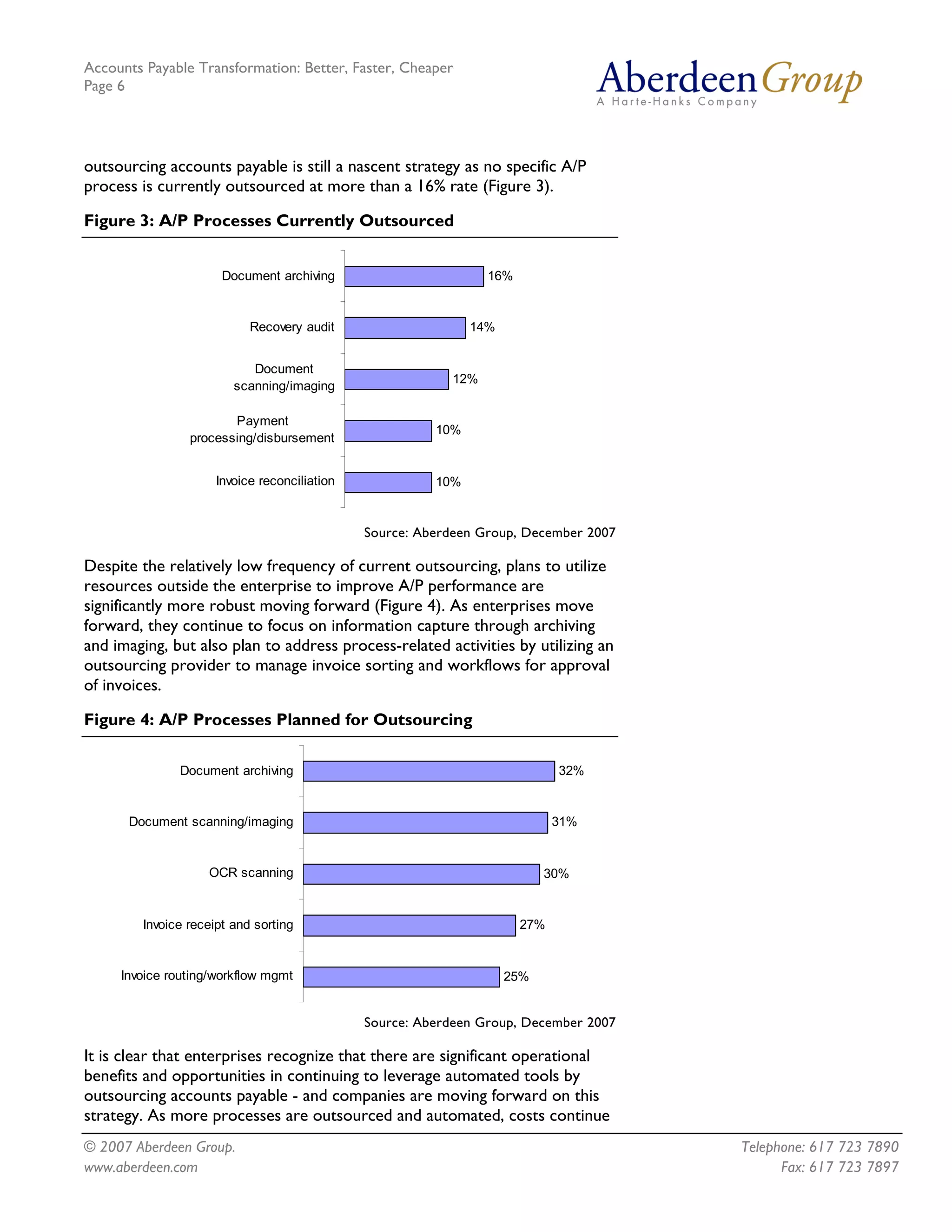 Accounts Payable Transformation: Better, Faster, Cheaper
Page 6




outsourcing accounts payable is still a nascent strategy as no specific A/P
process is currently outsourced at more than a 16% rate (Figure 3).

Figure 3: A/P Processes Currently Outsourced


                      Document archiving                         16%


                           Recovery audit                     14%


                           Document
                                                           12%
                        scanning/imaging

                       Payment
                                                        10%
                processing/disbursement


                     Invoice reconciliation             10%


                                              Source: Aberdeen Group, December 2007

Despite the relatively low frequency of current outsourcing, plans to utilize
resources outside the enterprise to improve A/P performance are
significantly more robust moving forward (Figure 4). As enterprises move
forward, they continue to focus on information capture through archiving
and imaging, but also plan to address process-related activities by utilizing an
outsourcing provider to manage invoice sorting and workflows for approval
of invoices.

Figure 4: A/P Processes Planned for Outsourcing

              Document archiving                                             32%


      Document scanning/imaging                                              31%


                   OCR scanning                                           30%


        Invoice receipt and sorting                                    27%


     Invoice routing/workflow mgmt                                  25%


                                              Source: Aberdeen Group, December 2007

It is clear that enterprises recognize that there are significant operational
benefits and opportunities in continuing to leverage automated tools by
outsourcing accounts payable - and companies are moving forward on this
strategy. As more processes are outsourced and automated, costs continue
© 2007 Aberdeen Group.                                                                Telephone: 617 723 7890
www.aberdeen.com                                                                            Fax: 617 723 7897
 