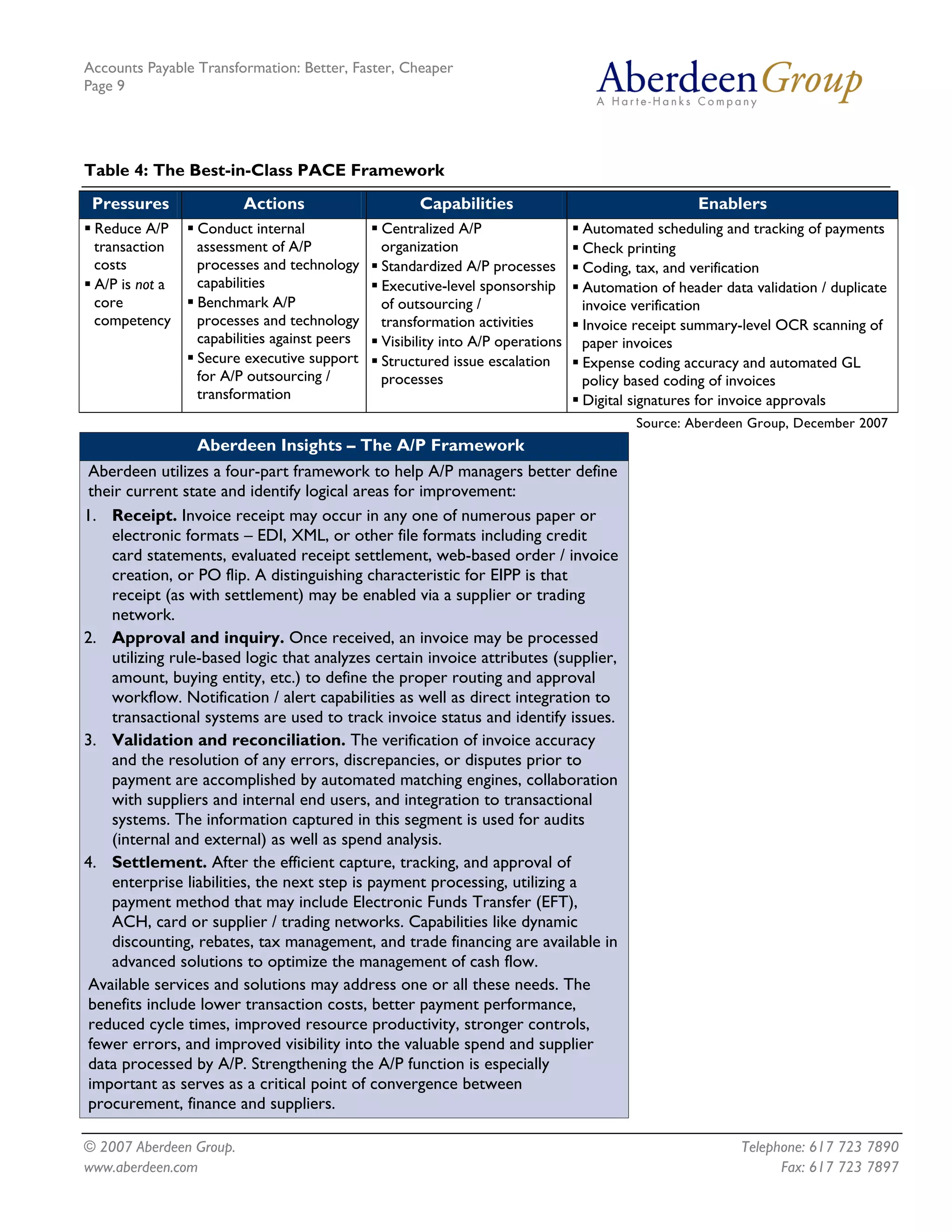 Accounts Payable Transformation: Better, Faster, Cheaper
Page 9




Table 4: The Best-in-Class PACE Framework
 Pressures               Actions                    Capabilities                                 Enablers
 Reduce A/P      Conduct internal             Centralized A/P                  Automated scheduling and tracking of payments
 transaction     assessment of A/P            organization                     Check printing
 costs           processes and technology     Standardized A/P processes       Coding, tax, and verification
 A/P is not a    capabilities                 Executive-level sponsorship      Automation of header data validation / duplicate
 core            Benchmark A/P                of outsourcing /                 invoice verification
 competency      processes and technology     transformation activities        Invoice receipt summary-level OCR scanning of
                 capabilities against peers   Visibility into A/P operations   paper invoices
                 Secure executive support     Structured issue escalation      Expense coding accuracy and automated GL
                 for A/P outsourcing /        processes                        policy based coding of invoices
                 transformation                                                Digital signatures for invoice approvals
                                                                                       Source: Aberdeen Group, December 2007
                 Aberdeen Insights – The A/P Framework
Aberdeen utilizes a four-part framework to help A/P managers better define
their current state and identify logical areas for improvement:
1. Receipt. Invoice receipt may occur in any one of numerous paper or
   electronic formats – EDI, XML, or other file formats including credit
   card statements, evaluated receipt settlement, web-based order / invoice
   creation, or PO flip. A distinguishing characteristic for EIPP is that
   receipt (as with settlement) may be enabled via a supplier or trading
   network.
2. Approval and inquiry. Once received, an invoice may be processed
   utilizing rule-based logic that analyzes certain invoice attributes (supplier,
   amount, buying entity, etc.) to define the proper routing and approval
   workflow. Notification / alert capabilities as well as direct integration to
   transactional systems are used to track invoice status and identify issues.
3. Validation and reconciliation. The verification of invoice accuracy
   and the resolution of any errors, discrepancies, or disputes prior to
   payment are accomplished by automated matching engines, collaboration
   with suppliers and internal end users, and integration to transactional
   systems. The information captured in this segment is used for audits
   (internal and external) as well as spend analysis.
4. Settlement. After the efficient capture, tracking, and approval of
   enterprise liabilities, the next step is payment processing, utilizing a
   payment method that may include Electronic Funds Transfer (EFT),
   ACH, card or supplier / trading networks. Capabilities like dynamic
   discounting, rebates, tax management, and trade financing are available in
   advanced solutions to optimize the management of cash flow.
Available services and solutions may address one or all these needs. The
benefits include lower transaction costs, better payment performance,
reduced cycle times, improved resource productivity, stronger controls,
fewer errors, and improved visibility into the valuable spend and supplier
data processed by A/P. Strengthening the A/P function is especially
important as serves as a critical point of convergence between
procurement, finance and suppliers.

© 2007 Aberdeen Group.                                                                                  Telephone: 617 723 7890
www.aberdeen.com                                                                                              Fax: 617 723 7897
 