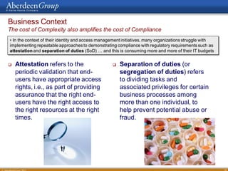 Business Context
The cost of Complexity also amplifies the cost of Compliance
• In the context of their identity and access management initiatives, many organizations struggle with
implementing repeatable approaches to demonstrating compliance with regulatory requirements such as
attestation and separation of duties (SoD) … and this is consuming more and more of their IT budgets


   Attestation refers to the                         Separation of duties (or
    periodic validation that end-                      segregation of duties) refers
    users have appropriate access                      to dividing tasks and
    rights, i.e., as part of providing                 associated privileges for certain
    assurance that the right end-                      business processes among
    users have the right access to                     more than one individual, to
    the right resources at the right                   help prevent potential abuse or
    times.                                             fraud.




                                                                                                         10
 