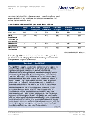 Assessments 2011: Selecting and Developing for the Future
Page 12




personality, behavioral; high stakes assessments - in-depth, simulation based,
applying experiences and knowledge; and motivational assessments - to
identify key motivational drivers.)

Table 3: Types of Assessments used in the Hiring Process
                    College         Entry level      Individual     First-level    Mid-level
                                                                                                    Executives
                     hires          employees       contributors    managers       managers
Basic tests              32%            49%                 34%         29%            22%               16%

Multi-                   35%            40%                 46%         58%            61%               52%
dimensional /
whole person
assessments
High stakes              7%              8%                 12%         20%            29%               34%
assessment
Motivational             18%            20%                 25%         32%            34%               36%
assessments
                                                                                  Source: Aberdeen Group, April 2011

And as CARQUEST demonstrates, a consistent but flexible approach to
pre-hire assessments is helping them make better hiring decisions that are
leading to better long-term performance.

                         Case Study — CARQUEST

 CARQUEST is a supplier of automotive replacement parts, supplies and
 accessories for all makes and models of cars, trucks, busses, RVs and
 agricultural equipment. With over 3,000 retail locations and 30
 distribution centers throughout North America, the company employs
 approximately 18,000 people. The recruiting function hires between
 3,000 to 5,000 people a year. “Sometimes it feels like we recruit for
 multiple companies, since each location, store type and the brand is so
 distinct for each,” says Ginger Graham, Director, Talent Acquisition,
 CARQUEST, “It’s important for us to make things as consistent as
 possible while still meeting the needs of our various hiring managers.”
 Assessments play a big role in the hiring process for all parts of their
 organization. Everyone who is hired into the organization, from a
 warehouse worker to a vice president on the executive team, goes
 through a competency based pre-hire assessment process. The required
 competencies that are desired for each role, location and brand may be
 different, but the step of assessing applicants based on those competencies
 remains consistent. For volume hiring positions such as customer service
 teammates, the assessment tool used also produces an interview guide that
 the hiring manager can use to probe into particular areas, which helps
 them be more efficient and make better hiring decisions.
                                                                     continued


© 2011 Aberdeen Group.                                                                     Telephone: 617 854 5200
www.aberdeen.com                                                                                 Fax: 617 723 7897
 
