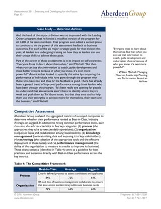 Assessments 2011: Selecting and Developing for the Future
Page 15




                    Case Study — American Airlines

 And the head of the airports division was so impressed with the Leading
 Others programs that he funded a modified version of the program for
 all 1,200 of his team members. That program even added a second phase
 to continue to tie the power of this assessment feedback to business
 outcomes. For each of the six major strategic goals for that division this        "Everyone loves to learn about
 year, all leaders are undergoing training on how they as leaders can use          themselves. But then when you
 their unique skills to achieve those goals.                                       can use that information to
                                                                                   coach, guide development and
 Part of the power of these assessments is in its impact on self awareness.        make better choices because of
 “Everyone loves to learn about themselves,” said Mitchell. “But then              what you know, it’s even more
 when you can use that information to coach, guide development and                 powerful."
 make better choices because of what you know, it’s even more                        ~ William Mitchell, Managing
 powerful.” American has looked to quantify this value by comparing the              Director, Leadership Planning
 performance of individuals who have gone through the program with                    and Performance, American
 those who have not, and thus far the feedback is good. There has already                                 Airlines
 been a general trend of improved performance among those leaders who
 have been through the program. “It’s been really eye opening for people
 to understand that assessments aren’t there to identify where they’re
 weak and push them to ‘fix’ those issues, but that they area tool to help
 them use their strengths to achieve more for themselves, their team and
 the business,” said Mitchell.


Competitive Assessment
Aberdeen Group analyzed the aggregated metrics of surveyed companies to
determine whether their performance ranked as Best-in-Class, Industry
Average, or Laggard. In addition to having common performance levels, each
class also shared characteristics in five key categories: (1) process (the
approaches they take to execute daily operations); (2) organization
(corporate focus and collaboration among stakeholders); (3) knowledge
management (contextualizing data and exposing it to key stakeholders);
(4) technology (the selection of the appropriate tools and the effective
deployment of those tools); and (5) performance management (the
ability of the organization to measure its results to improve its business).
These characteristics (identified in Table 4) serve as a guideline for best
practices, and correlate directly with Best-in-Class performance across the
key metrics.

Table 4: The Competitive Framework
                      Best-in-Class          Average             Laggards
                     Clearly defined process to assess candidates and applicants
     Process
                            84%                 72%                  64%
                     HR and line of business management collaborate to ensure
 Organization        that assessment content truly addresses business needs
                            72%                 64%                  62%

© 2011 Aberdeen Group.                                                                   Telephone: 617 854 5200
www.aberdeen.com                                                                               Fax: 617 723 7897
 