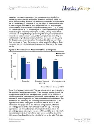 Assessments 2011: Selecting and Developing for the Future
Page 18




area when it comes to assessments, because assessments are all about
uncovering, contextualizing, and making data about individuals usable for
better decision making. At these top performing companies, hiring managers
are 38% more likely to know how to use the output of assessments as part
of their hiring decision (69% vs. 50%), employees are 33% more likely to
understand how assessments are conducted and interpreted (73% vs. 55%),
and assessment data is 17% more likely to be accessible to the appropriate
parties through a central repository (68% vs. 58%). Clearly Best-in-Class
companies are doing a better job of ensuring that everyone involved knows
how and why assessments are used, and are using that data by making it
available to the right decision makers. But these companies are also using
this data at more points in the talent lifecycle, and in different ways than
their counterparts. Figure 8 shows three critical areas where Best-in-Class
companies are more likely to integrate assessment data, and by the widest
margin.

Figure 8: Processes where Assessment Data is Integrated

                                      50%                                                   Best-in-Class
   percentage of respondents, n=516




                                                                                            All Others
                                            42%              40%
                                                                                      35%
                                                  30%

                                      25%
                                                                     21%                       20%




                                      0%
                                            Onboarding   Strategic or business    Workforce planning
                                                               planning

                                                                   Source: Aberdeen Group, April 2011

These three areas are quite telling. The first, onboarding, is a critical point in
the employee / employer relationship. When someone is going through the
hiring and interview process the organization gathers lots of information
about the candidate, often including information about key skills, work style
preferences, motivating factors and even environmental conditions that may
derail them. But translating this knowledge into their introduction to the
organization as a new employee is much more difficult. While all that
information may play a role in the individual hiring decision, often the
onboarding process can be more one-size-fits-all. But top-performing
organizations are doing a better job of using that individual data in the
onboarding process. Just imagine how powerful it could be to an individual's
first interaction with their team if that team knows something about the
skills, strengths and capabilities that individual brings to the table. And team

© 2011 Aberdeen Group.                                                                                      Telephone: 617 854 5200
www.aberdeen.com                                                                                                  Fax: 617 723 7897
 