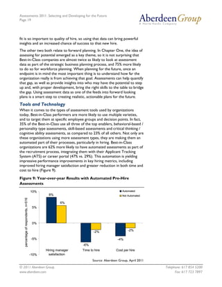 Assessments 2011: Selecting and Developing for the Future
Page 19




fit is so important to quality of hire, so using that data can bring powerful
insights and an increased chance of success to that new hire.
The other two both relate to forward planning. In Chapter One, the idea of
assessing for potential emerged as a key theme, so it is not surprising that
Best-in-Class companies are almost twice as likely to look at assessment
data as part of the strategic business planning process, and 75% more likely
to do so for workforce planning. When planning for the future, once an
endpoint is in mind the most important thing is to understand how far the
organization really is from achieving that goal. Assessments can help quantify
that gap, as well as provide insights into who may have the potential to step
up and, with proper development, bring the right skills to the table to bridge
the gap. Using assessment data as one of the feeds into forward looking
plans is a smart step to creating realistic, actionable plans for the future.
Tools and Technology
When it comes to the types of assessment tools used by organizations
today, Best-in-Class performers are more likely to use multiple varieties,
and to target them at specific employee groups and decision points. In fact,
35% of the Best-in-Class use all three of the top enablers, behavioral-based /
personality type assessments, skill-based assessments and critical thinking /
cognitive ability assessments, as compared to 23% of all others. Not only are
these organizations using more assessment types, they are making them an
automated part of their processes, particularly in hiring. Best-in-Class
organizations are 62% more likely to have automated assessments as part of
the recruitment process, integrating them with their Applicant Tracking
System (ATS) or career portal (47% vs. 29%). This automation is yielding
impressive performance improvements in key hiring metrics, including
improved hiring manager satisfaction and greater reduction in both time and
cost to hire (Figure 9).

Figure 9: Year-over-year Results with Automated Pre-Hire
Assessments
                                      10%                                               Automated
                                              8%                                        Not Automated
   percentage of respondents, n=516




                                                     6%
                                       5%



                                       0%

                                                                     -2%                    -2%

                                      -5%                                            -4%
                                                              -6%
                                             Hiring manager   Time to hire          Cost per hire
                                      -10%     satisfaction
                                                                     Source: Aberdeen Group, April 2011

© 2011 Aberdeen Group.                                                                                    Telephone: 617 854 5200
www.aberdeen.com                                                                                                Fax: 617 723 7897
 