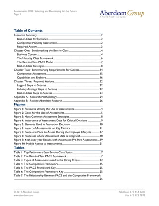 Assessments 2011: Selecting and Developing for the Future
Page 3




Table of Contents
Executive Summary....................................................................................................... 2
  Best-in-Class Performance..................................................................................... 2
  Competitive Maturity Assessment....................................................................... 2
  Required Actions...................................................................................................... 2
Chapter One: Benchmarking the Best-in-Class.................................................... 4
  Business Context ..................................................................................................... 4
  The Maturity Class Framework............................................................................ 6
  The Best-in-Class PACE Model ............................................................................ 7
  Best-in-Class Strategies........................................................................................... 8
Chapter Two: Benchmarking Requirements for Success.................................14
  Competitive Assessment......................................................................................15
  Capabilities and Enablers......................................................................................16
Chapter Three: Required Actions .........................................................................22
  Laggard Steps to Success......................................................................................22
  Industry Average Steps to Success ....................................................................22
  Best-in-Class Steps to Success ............................................................................23
Appendix A: Research Methodology.....................................................................24
Appendix B: Related Aberdeen Research............................................................26
Figures
Figure 1: Pressures Driving the Use of Assessments ........................................... 4
Figure 2: Goals for the Use of Assessments........................................................... 5
Figure 3: Most Common Assessment Strategies ................................................... 8
Figure 4: Importance of Assessment Data for Critical Decisions ..................... 9
Figure 5: Elements Used in Promotion Decisions...............................................10
Figure 6: Impact of Assessments on Key Metrics................................................11
Figure 7: Process in Place to Assess During the Employee Lifecycle .............17
Figure 8: Processes where Assessment Data is Integrated...............................18
Figure 9: Year-over-year Results with Automated Pre-Hire Assessments...19
Figure 10: Mobile Access to Assessments.............................................................21
Tables
Table 1: Top Performers Earn Best-in-Class Status.............................................. 7
Table 2: The Best-in-Class PACE Framework ....................................................... 7
Table 3: Types of Assessments used in the Hiring Process ..............................12
Table 4: The Competitive Framework...................................................................15
Table 5: The PACE Framework Key ......................................................................25
Table 6: The Competitive Framework Key ..........................................................25
Table 7: The Relationship Between PACE and the Competitive Framework
.........................................................................................................................................25



© 2011 Aberdeen Group.                                                                                                                        Telephone: 617 854 5200
www.aberdeen.com                                                                                                                                    Fax: 617 723 7897
 