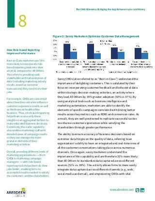 www.aberdeen.com
The CMO Dilemma: Bridging the Gap Between Love and Money
8
How Role-based Reporting
Improves Performance
Best-in-Class marketers are 74%
more likely to incorporate role-
based reporting tools into their
arsenal, compared to All Others.
This refers to providing each
stakeholder with tailored views of
data (including marketing activity
results as well as customer
transactions) they need to do their
jobs.
For example, CMOs are concerned
about how their activities influence
customer experience results as well
as the financial health of the
business. Thus, role-based reporting
helps them access only these
insights in an aggregated fashion to
make educated business decisions.
Conversely, this same capability
also enables marketing staff with
detailed views of campaign results
so they can manage the more
granular elements of their
marketing activities.
Overall, providing different levels of
marketing organizations ------ from
CMOs to marketing campaign
managers ------ with role-based
reporting tools helps them do their
jobs better, enabling firms to
accomplish results needed to satisfy
the customers and the shareholders.
Figure 3: Savvy Marketers Optimize Customer Data Management
Savvy CMOs (also referred to as ‘‘Best-in-Class’’) understand the
importance of delighting customers. This is validated by their
focus on incorporating customer feedback and behavioral data
within strategic decision-making activities, an activity where
they lead All Others by 35% greater adoption (50% vs 37%). By
using analytical tools such as business intelligence and
marketing automation, marketers are able to identify the
elements of specific campaigns correlated with driving better
results across key metrics such as ROMI and conversion rates. As
a result, they are well-positioned to replicate successful tactics
to enhance customer experiences while satisfying the
shareholders through greater performance.
The ability to ensure accuracy of business decisions based on
customer data hinges on the quality of data, referring to an
organization’s ability to have an integrated and real-time view of
all the customer conversations taking place across numerous
channels. Once again, savvy marketers understand the
importance of this capability and are therefore 31% more likely
than All Others to standardize data captured across different
sources (51% vs. 39%). This activity allows firms to more easily
integrate data captured across different channels (e.g., web,
social media and email), and empowering CMOs with vital
 