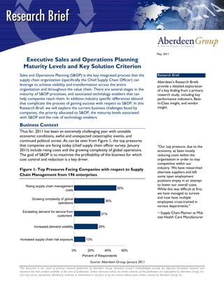 May, 2011

    Executive Sales and Operations Planning
   Maturity Levels and Key Solution Criterion
Sales and Operations Planning (S&OP) is the key integrated process that the                                                   Research Brief
supply chain organization (specifically the Chief Supply Chain Officer) can                                                   Aberdeen’s Research Briefs
leverage to achieve visibility and transformation across the entire                                                           provide a detailed exploration
organization and throughout the value chain. There are several stages in the                                                  of a key finding from a primary
maturity of S&OP processes, and associated technology enablers that can                                                       research study, including key
help companies reach them. In addition industry specific differences abound                                                   performance indicators, Best-
that complicate the process of gaining success with respect to S&OP. In this                                                  in-Class insight, and vendor
Research Brief, we will explore the current business challenges faced by                                                      insight.
companies, the priority allocated to S&OP, the maturity levels associated
with S&OP and the role of technology enablers.
Business Context
Thus far, 2011 has been an extremely challenging year with unstable
economic conditions, awful and unexpected catastrophic events, and
continued political unrest. As can be seen from Figure 1, the top pressures
that companies are facing today (chief supply chain officer survey, January                                                   "Our top pressure, due to the
2011) include rising costs and the growing complexity of global operations.                                                   economy, as been mostly
The goal of S&OP is to maximize the profitability of the business for which                                                   reducing costs within the
cost control and reduction is a key driver.                                                                                   organization in order to stay
                                                                                                                              competitive within our
Figure 1: Top Pressures Facing Companies with respect to Supply                                                               industry. We have researched
                                                                                                                              alternate suppliers and left
Chain Management from 196 enterprises                                                                                         some open employment
                                                                                                                              positions empty in an attempt
     Rising supply chain management                                                                                           to lower our overall costs.
                               costs
                                                                                         50%                                  While this was difficult at first,
                                                                                                                              we have managed to survive
           Growing complexity of global                                                                                       and now have multiple
                            operations
                                                                              36%                                             employees cross-trained in
                                                                                                                              various departments."
  Escalating demand for service from                                                                                          ~ Supply Chain Planner at Mid-
                                                                          31%
                         customers                                                                                            size Health Care Manufacturer

             Increased demand volatility                                28%


Increased supply chain risk exposure                        13%


                                               0%             20%            40%             60%
                                                         Percent of Respondents
                                                                Source: Aberdeen Group, January 2011
This document is the result of primary research performed by Aberdeen Group. Aberdeen Group's methodologies provide for objective fact-based research and
represent the best analysis available at the time of publication. Unless otherwise noted, the entire contents of this publication are copyrighted by Aberdeen Group, Inc.
and may not be reproduced, distributed, archived, or transmitted in any form or by any means without prior written consent by Aberdeen Group, Inc.
 