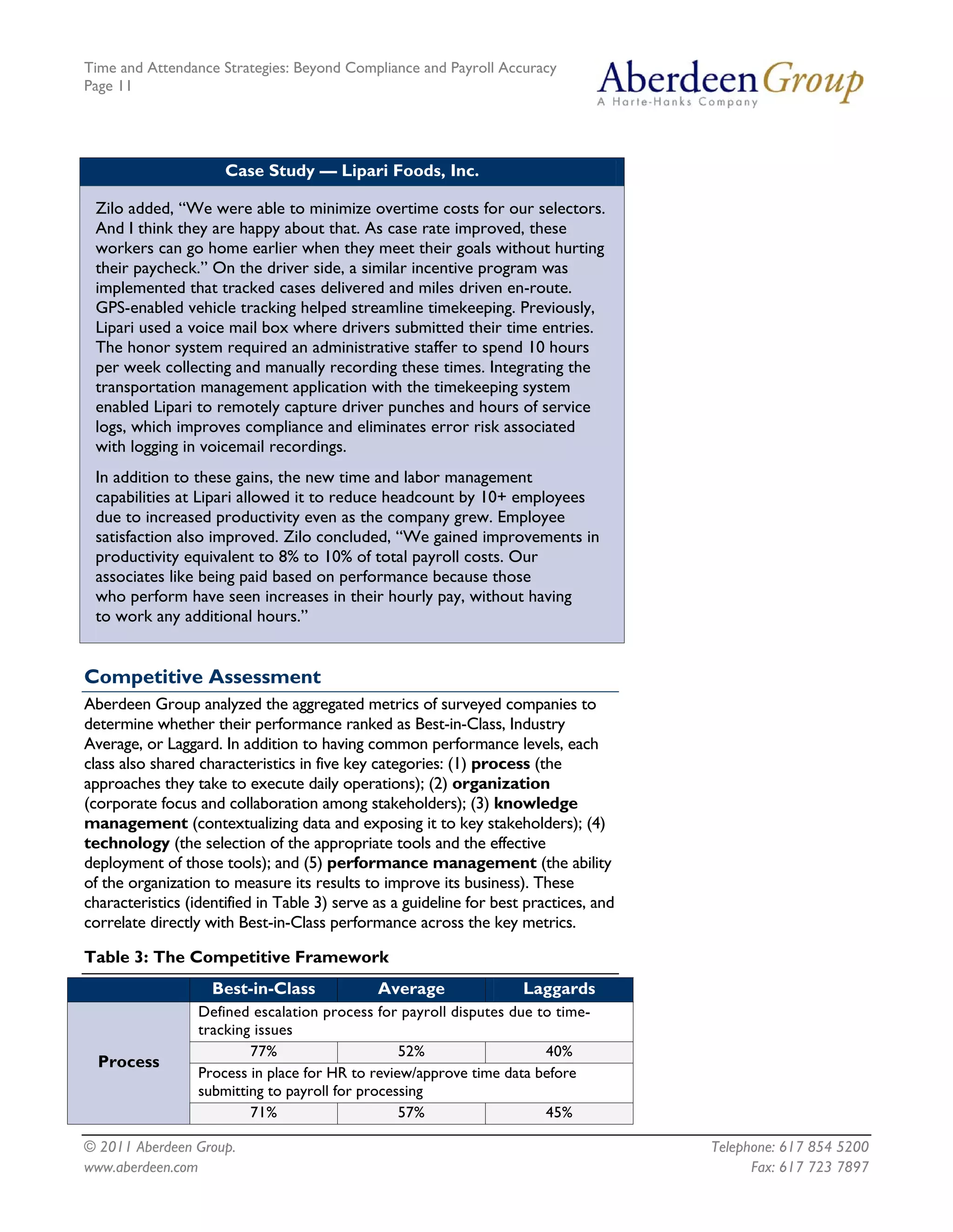 Time and Attendance Strategies: Beyond Compliance and Payroll Accuracy
Page 11
© 2011 Aberdeen Group. Telephone: 617 854 5200
www.aberdeen.com Fax: 617 723 7897
Case Study — Lipari Foods, Inc.
Zilo added, “We were able to minimize overtime costs for our selectors.
And I think they are happy about that. As case rate improved, these
workers can go home earlier when they meet their goals without hurting
their paycheck.” On the driver side, a similar incentive program was
implemented that tracked cases delivered and miles driven en-route.
GPS-enabled vehicle tracking helped streamline timekeeping. Previously,
Lipari used a voice mail box where drivers submitted their time entries.
The honor system required an administrative staffer to spend 10 hours
per week collecting and manually recording these times. Integrating the
transportation management application with the timekeeping system
enabled Lipari to remotely capture driver punches and hours of service
logs, which improves compliance and eliminates error risk associated
with logging in voicemail recordings.
In addition to these gains, the new time and labor management
capabilities at Lipari allowed it to reduce headcount by 10+ employees
due to increased productivity even as the company grew. Employee
satisfaction also improved. Zilo concluded, “We gained improvements in
productivity equivalent to 8% to 10% of total payroll costs. Our
associates like being paid based on performance because those
who perform have seen increases in their hourly pay, without having
to work any additional hours.”
Competitive Assessment
Aberdeen Group analyzed the aggregated metrics of surveyed companies to
determine whether their performance ranked as Best-in-Class, Industry
Average, or Laggard. In addition to having common performance levels, each
class also shared characteristics in five key categories: (1) process (the
approaches they take to execute daily operations); (2) organization
(corporate focus and collaboration among stakeholders); (3) knowledge
management (contextualizing data and exposing it to key stakeholders); (4)
technology (the selection of the appropriate tools and the effective
deployment of those tools); and (5) performance management (the ability
of the organization to measure its results to improve its business). These
characteristics (identified in Table 3) serve as a guideline for best practices, and
correlate directly with Best-in-Class performance across the key metrics.
Table 3: The Competitive Framework
Best-in-Class Average Laggards
Defined escalation process for payroll disputes due to time-
tracking issues
77% 52% 40%
Process in place for HR to review/approve time data before
submitting to payroll for processing
Process
71% 57% 45%
 