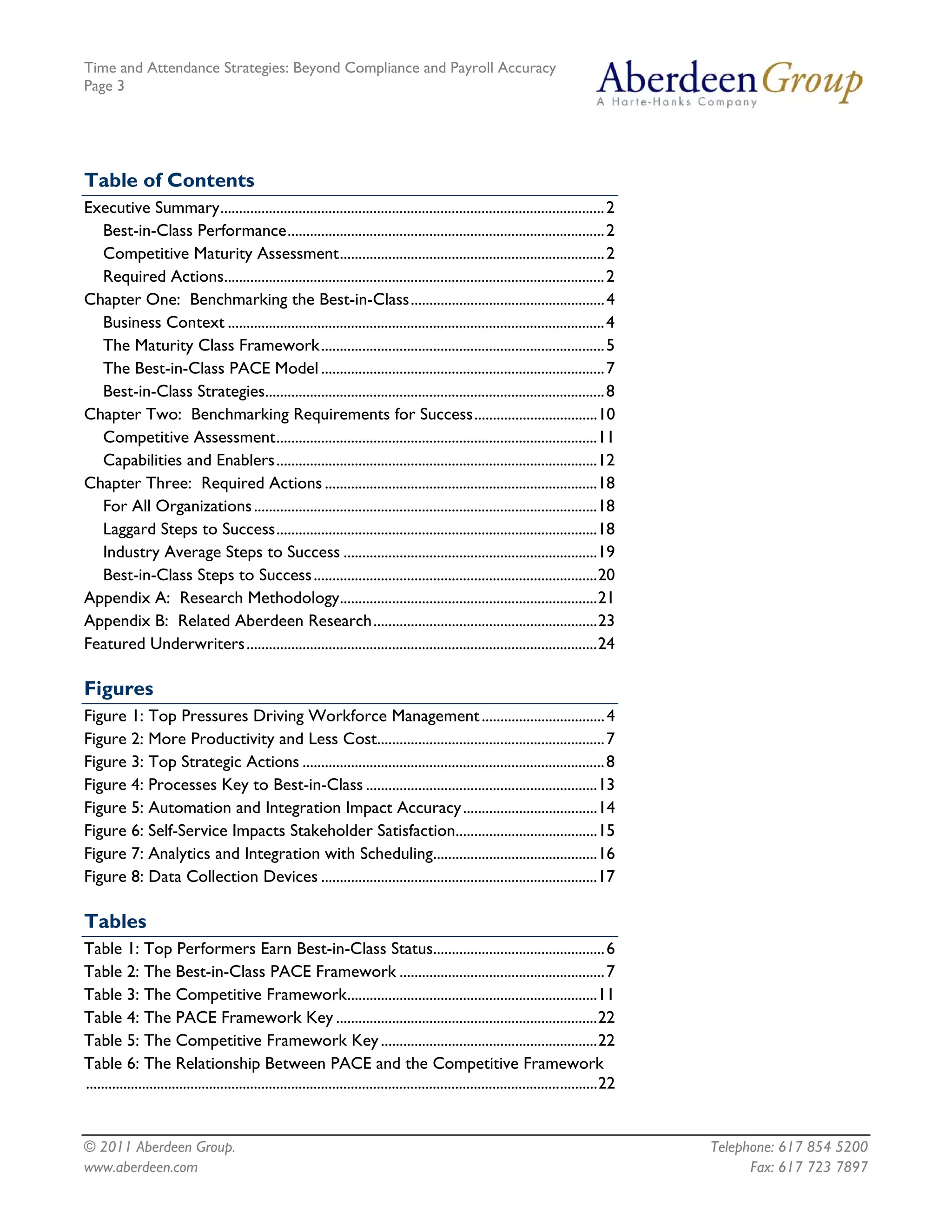 Time and Attendance Strategies: Beyond Compliance and Payroll Accuracy
Page 3
© 2011 Aberdeen Group. Telephone: 617 854 5200
www.aberdeen.com Fax: 617 723 7897
Table of Contents
Executive Summary.......................................................................................................2
Best-in-Class Performance.....................................................................................2
Competitive Maturity Assessment.......................................................................2
Required Actions......................................................................................................2
Chapter One: Benchmarking the Best-in-Class....................................................4
Business Context .....................................................................................................4
The Maturity Class Framework............................................................................5
The Best-in-Class PACE Model ............................................................................7
Best-in-Class Strategies...........................................................................................8
Chapter Two: Benchmarking Requirements for Success.................................10
Competitive Assessment......................................................................................11
Capabilities and Enablers......................................................................................12
Chapter Three: Required Actions .........................................................................18
For All Organizations............................................................................................18
Laggard Steps to Success......................................................................................18
Industry Average Steps to Success ....................................................................19
Best-in-Class Steps to Success............................................................................20
Appendix A: Research Methodology.....................................................................21
Appendix B: Related Aberdeen Research............................................................23
Featured Underwriters..............................................................................................24
Figures
Figure 1: Top Pressures Driving Workforce Management.................................4
Figure 2: More Productivity and Less Cost.............................................................7
Figure 3: Top Strategic Actions .................................................................................8
Figure 4: Processes Key to Best-in-Class ..............................................................13
Figure 5: Automation and Integration Impact Accuracy....................................14
Figure 6: Self-Service Impacts Stakeholder Satisfaction......................................15
Figure 7: Analytics and Integration with Scheduling............................................16
Figure 8: Data Collection Devices ..........................................................................17
Tables
Table 1: Top Performers Earn Best-in-Class Status..............................................6
Table 2: The Best-in-Class PACE Framework .......................................................7
Table 3: The Competitive Framework...................................................................11
Table 4: The PACE Framework Key ......................................................................22
Table 5: The Competitive Framework Key..........................................................22
Table 6: The Relationship Between PACE and the Competitive Framework
.........................................................................................................................................22
 