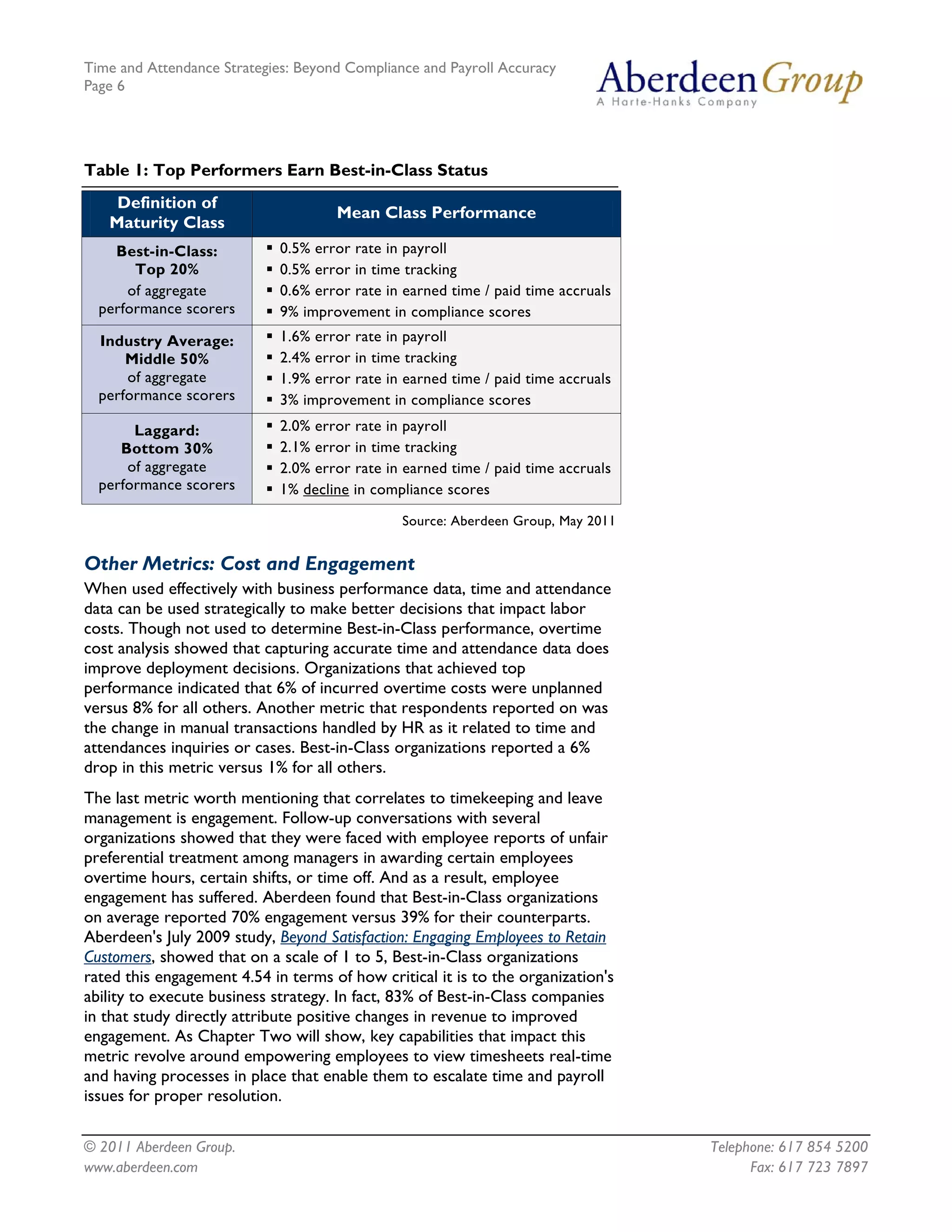 Time and Attendance Strategies: Beyond Compliance and Payroll Accuracy
Page 6
© 2011 Aberdeen Group. Telephone: 617 854 5200
www.aberdeen.com Fax: 617 723 7897
Table 1: Top Performers Earn Best-in-Class Status
Definition of
Maturity Class
Mean Class Performance
Best-in-Class:
Top 20%
of aggregate
performance scorers
0.5% error rate in payroll
0.5% error in time tracking
0.6% error rate in earned time / paid time accruals
9% improvement in compliance scores
Industry Average:
Middle 50%
of aggregate
performance scorers
1.6% error rate in payroll
2.4% error in time tracking
1.9% error rate in earned time / paid time accruals
3% improvement in compliance scores
Laggard:
Bottom 30%
of aggregate
performance scorers
2.0% error rate in payroll
2.1% error in time tracking
2.0% error rate in earned time / paid time accruals
1% decline in compliance scores
Source: Aberdeen Group, May 2011
Other Metrics: Cost and Engagement
When used effectively with business performance data, time and attendance
data can be used strategically to make better decisions that impact labor
costs. Though not used to determine Best-in-Class performance, overtime
cost analysis showed that capturing accurate time and attendance data does
improve deployment decisions. Organizations that achieved top
performance indicated that 6% of incurred overtime costs were unplanned
versus 8% for all others. Another metric that respondents reported on was
the change in manual transactions handled by HR as it related to time and
attendances inquiries or cases. Best-in-Class organizations reported a 6%
drop in this metric versus 1% for all others.
The last metric worth mentioning that correlates to timekeeping and leave
management is engagement. Follow-up conversations with several
organizations showed that they were faced with employee reports of unfair
preferential treatment among managers in awarding certain employees
overtime hours, certain shifts, or time off. And as a result, employee
engagement has suffered. Aberdeen found that Best-in-Class organizations
on average reported 70% engagement versus 39% for their counterparts.
Aberdeen's July 2009 study, Beyond Satisfaction: Engaging Employees to Retain
Customers, showed that on a scale of 1 to 5, Best-in-Class organizations
rated this engagement 4.54 in terms of how critical it is to the organization's
ability to execute business strategy. In fact, 83% of Best-in-Class companies
in that study directly attribute positive changes in revenue to improved
engagement. As Chapter Two will show, key capabilities that impact this
metric revolve around empowering employees to view timesheets real-time
and having processes in place that enable them to escalate time and payroll
issues for proper resolution.
 