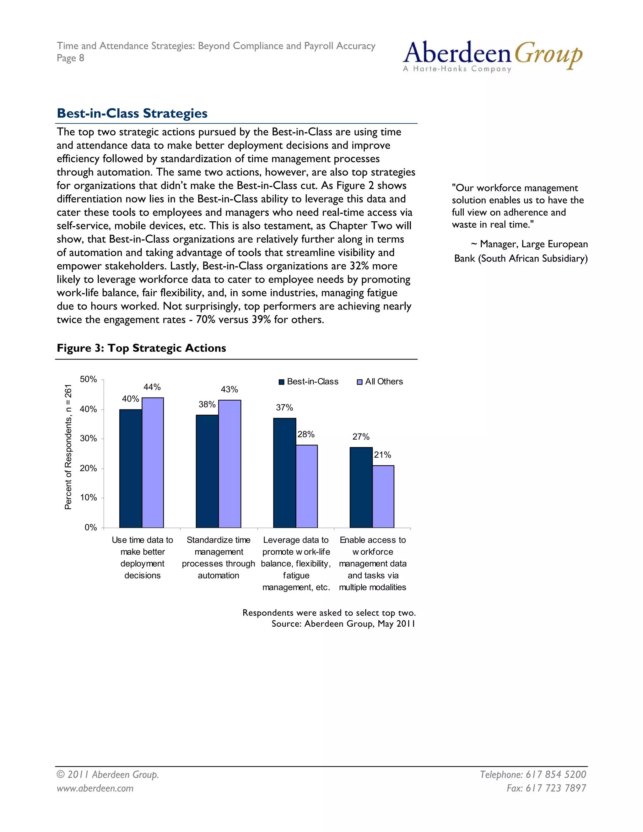Time and Attendance Strategies: Beyond Compliance and Payroll Accuracy
Page 8
© 2011 Aberdeen Group. Telephone: 617 854 5200
Best-in-Class Strategies
The top two strategic actions pursued by the Best-in-Class are using time
and attendance data to make better deployment decisions and improve
efficiency followed by standardization of time management processes
through automation. The same two actions, however, are also top strategies
for organizations that didn’t make the Best-in-Class cut. As Figure 2 shows
differentiation now lies in the Best-in-Class ability to leverage this data and
cater these tools to employees and managers who need real-time access via
self-service, mobile devices, etc. This is also testament, as Chapter Two will
show, that Best-in-Class organizations are relatively further along in terms
of automation and taking advantage of tools that streamline visibility and
empower stakeholders. Lastly, Best-in-Class organizations are 32% more
likely to leverage workforce data to cater to employee needs by promoting
work-life balance, fair flexibility, and, in some industries, managing fatigue
due to hours worked. Not surprisingly, top performers are achieving nearly
twice the engagement rates - 70% versus 39% for others.
"Our workforce management
solution enables us to have the
full view on adherence and
waste in real time."
~ Manager, Large European
Bank (South African Subsidiary)
Figure 3: Top Strategic Actions
40%
38% 37%
27%
44% 43%
28%
21%
0%
10%
20%
30%
40%
50%
Use time data to
make better
deployment
decisions
Standardize time
management
processes through
automation
Leverage data to
promote w ork-life
balance, flexibility,
fatigue
management, etc.
Enable access to
w orkforce
management data
and tasks via
multiple modalities
PercentofRespondents,n=261
Best-in-Class All Others
Respondents were asked to select top two.
Source: Aberdeen Group, May 2011
www.aberdeen.com Fax: 617 723 7897
 