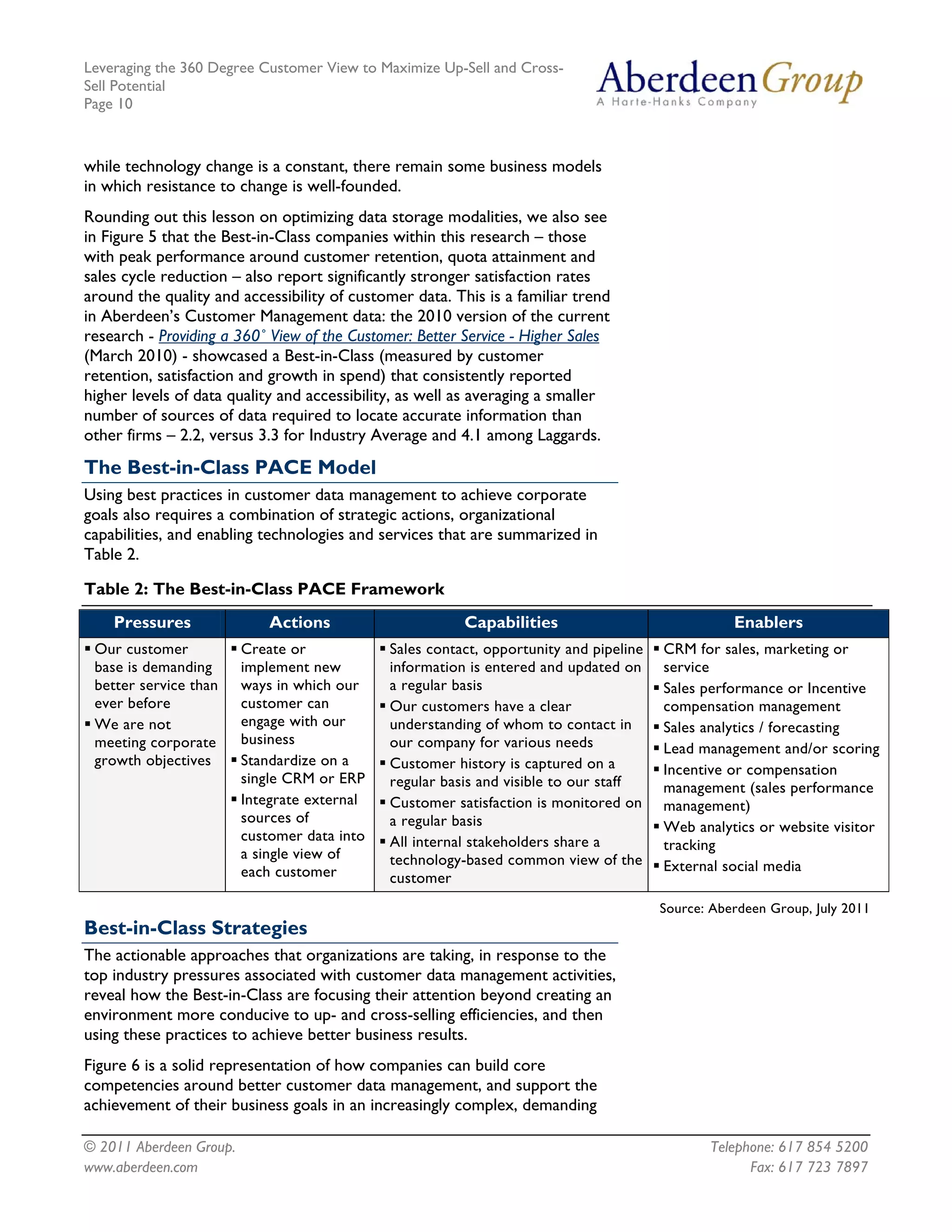 Leveraging the 360 Degree Customer View to Maximize Up-Sell and Cross-
Sell Potential
Page 10



while technology change is a constant, there remain some business models
in which resistance to change is well-founded.
Rounding out this lesson on optimizing data storage modalities, we also see
in Figure 5 that the Best-in-Class companies within this research – those
with peak performance around customer retention, quota attainment and
sales cycle reduction – also report significantly stronger satisfaction rates
around the quality and accessibility of customer data. This is a familiar trend
in Aberdeen’s Customer Management data: the 2010 version of the current
research - Providing a 360˚ View of the Customer: Better Service - Higher Sales
(March 2010) - showcased a Best-in-Class (measured by customer
retention, satisfaction and growth in spend) that consistently reported
higher levels of data quality and accessibility, as well as averaging a smaller
number of sources of data required to locate accurate information than
other firms – 2.2, versus 3.3 for Industry Average and 4.1 among Laggards.
The Best-in-Class PACE Model
Using best practices in customer data management to achieve corporate
goals also requires a combination of strategic actions, organizational
capabilities, and enabling technologies and services that are summarized in
Table 2.

Table 2: The Best-in-Class PACE Framework
    Pressures                Actions                     Capabilities                              Enablers
 Our customer            Create or            Sales contact, opportunity and pipeline   CRM for sales, marketing or
 base is demanding       implement new        information is entered and updated on     service
 better service than     ways in which our    a regular basis                           Sales performance or Incentive
 ever before             customer can         Our customers have a clear                compensation management
 We are not              engage with our      understanding of whom to contact in       Sales analytics / forecasting
 meeting corporate       business             our company for various needs             Lead management and/or scoring
 growth objectives       Standardize on a     Customer history is captured on a         Incentive or compensation
                         single CRM or ERP    regular basis and visible to our staff    management (sales performance
                         Integrate external   Customer satisfaction is monitored on     management)
                         sources of           a regular basis                           Web analytics or website visitor
                         customer data into   All internal stakeholders share a         tracking
                         a single view of     technology-based common view of the
                         each customer                                                  External social media
                                              customer
                                                                                        Source: Aberdeen Group, July 2011
Best-in-Class Strategies
The actionable approaches that organizations are taking, in response to the
top industry pressures associated with customer data management activities,
reveal how the Best-in-Class are focusing their attention beyond creating an
environment more conducive to up- and cross-selling efficiencies, and then
using these practices to achieve better business results.
Figure 6 is a solid representation of how companies can build core
competencies around better customer data management, and support the
achievement of their business goals in an increasingly complex, demanding

© 2011 Aberdeen Group.                                                                         Telephone: 617 854 5200
www.aberdeen.com                                                                                     Fax: 617 723 7897
 