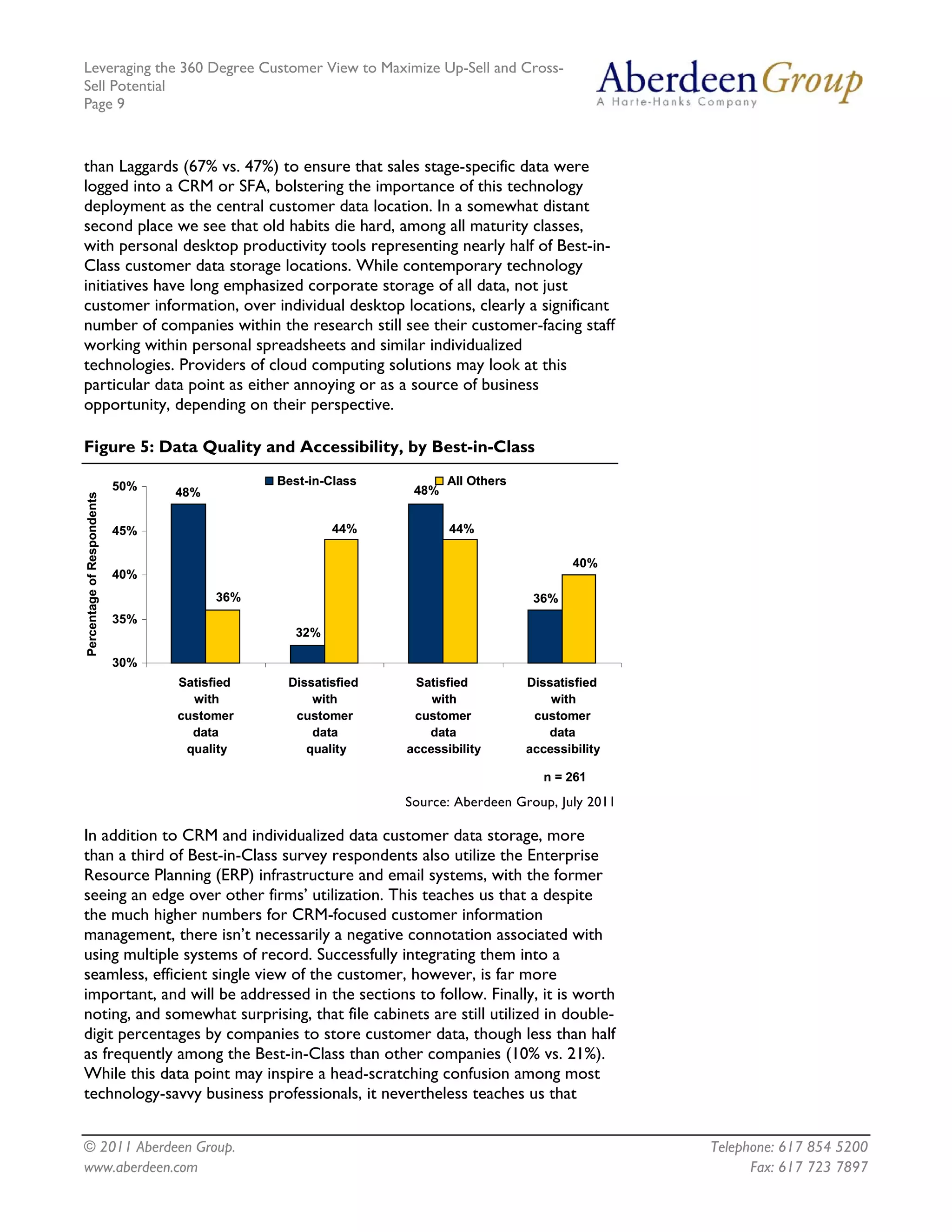 Leveraging the 360 Degree Customer View to Maximize Up-Sell and Cross-
Sell Potential
Page 9



than Laggards (67% vs. 47%) to ensure that sales stage-specific data were
logged into a CRM or SFA, bolstering the importance of this technology
deployment as the central customer data location. In a somewhat distant
second place we see that old habits die hard, among all maturity classes,
with personal desktop productivity tools representing nearly half of Best-in-
Class customer data storage locations. While contemporary technology
initiatives have long emphasized corporate storage of all data, not just
customer information, over individual desktop locations, clearly a significant
number of companies within the research still see their customer-facing staff
working within personal spreadsheets and similar individualized
technologies. Providers of cloud computing solutions may look at this
particular data point as either annoying or as a source of business
opportunity, depending on their perspective.

Figure 5: Data Quality and Accessibility, by Best-in-Class

                            50%               Best-in-Class          All Others
                                  48%                          48%
Percentage of Respondents




                            45%                        44%           44%

                                                                                          40%
                            40%
                                        36%                                        36%
                            35%
                                                 32%

                            30%
                                  Satisfied    Dissatisfied    Satisfied          Dissatisfied
                                    with           with           with                with
                                  customer      customer       customer            customer
                                    data           data          data                data
                                   quality        quality     accessibility       accessibility

                                                                                     n = 261

                                                              Source: Aberdeen Group, July 2011

In addition to CRM and individualized data customer data storage, more
than a third of Best-in-Class survey respondents also utilize the Enterprise
Resource Planning (ERP) infrastructure and email systems, with the former
seeing an edge over other firms’ utilization. This teaches us that a despite
the much higher numbers for CRM-focused customer information
management, there isn’t necessarily a negative connotation associated with
using multiple systems of record. Successfully integrating them into a
seamless, efficient single view of the customer, however, is far more
important, and will be addressed in the sections to follow. Finally, it is worth
noting, and somewhat surprising, that file cabinets are still utilized in double-
digit percentages by companies to store customer data, though less than half
as frequently among the Best-in-Class than other companies (10% vs. 21%).
While this data point may inspire a head-scratching confusion among most
technology-savvy business professionals, it nevertheless teaches us that


© 2011 Aberdeen Group.                                                                            Telephone: 617 854 5200
www.aberdeen.com                                                                                        Fax: 617 723 7897
 
