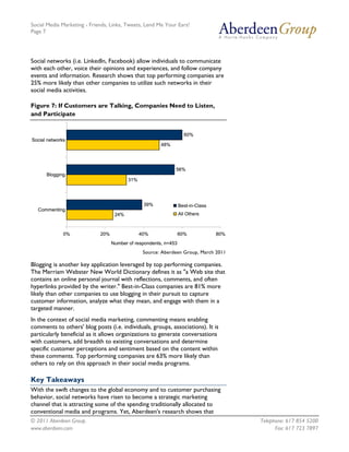 Social Media Marketing - Friends, Links, Tweets, Lend Me Your Ears!
Page 7




Social networks (i.e. LinkedIn, Facebook) allow individuals to communicate
with each other, voice their opinions and experiences, and follow company
events and information. Research shows that top performing companies are
25% more likely than other companies to utilize such networks in their
social media activities.

Figure 7: If Customers are Talking, Companies Need to Listen,
and Participate


                                                                    60%
Social networks
                                                        48%




                                                              56%
      Blogging
                                          31%




                                                 39%              Best-in-Class
   Commenting
                                    24%                           All Others



              0%             20%                40%               60%             80%
                                   Number of respondents, n=453
                                                 Source: Aberdeen Group, March 2011

Blogging is another key application leveraged by top performing companies.
The Merriam Webster New World Dictionary defines it as "a Web site that
contains an online personal journal with reflections, comments, and often
hyperlinks provided by the writer." Best-in-Class companies are 81% more
likely than other companies to use blogging in their pursuit to capture
customer information, analyze what they mean, and engage with them in a
targeted manner.
In the context of social media marketing, commenting means enabling
comments to others' blog posts (i.e. individuals, groups, associations). It is
particularly beneficial as it allows organizations to generate conversations
with customers, add breadth to existing conversations and determine
specific customer perceptions and sentiment based on the content within
these comments. Top performing companies are 63% more likely than
others to rely on this approach in their social media programs.

Key Takeaways
With the swift changes to the global economy and to customer purchasing
behavior, social networks have risen to become a strategic marketing
channel that is attracting some of the spending traditionally allocated to
conventional media and programs. Yet, Aberdeen's research shows that
© 2011 Aberdeen Group.                                                                  Telephone: 617 854 5200
www.aberdeen.com                                                                              Fax: 617 723 7897
 