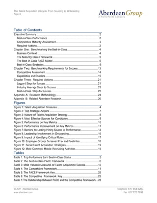 The Talent Acquisition Lifecycle: From Sourcing to Onboarding
Page 3




Table of Contents
Executive Summary....................................................................................................... 2
  Best-in-Class Performance ..................................................................................... 2
  Competitive Maturity Assessment....................................................................... 2
  Required Actions...................................................................................................... 2
Chapter One: Benchmarking the Best-in-Class .................................................... 4
  Business Context ..................................................................................................... 4
  The Maturity Class Framework ............................................................................ 5
  The Best-in-Class PACE Model ............................................................................ 6
  Best-in-Class Strategies........................................................................................... 6
Chapter Two: Benchmarking Requirements for Success .................................13
  Competitive Assessment......................................................................................14
  Capabilities and Enablers ......................................................................................15
Chapter Three: Required Actions .........................................................................21
  Laggard Steps to Success ......................................................................................21
  Industry Average Steps to Success ....................................................................21
  Best-in-Class Steps to Success ............................................................................22
Appendix A: Research Methodology.....................................................................24
Appendix B: Related Aberdeen Research ............................................................26
Figures
Figure 1: Talent Acquisition Pressures..................................................................... 4
Figure 2: Top Strategic Actions ................................................................................. 7
Figure 3: Nature of Talent Acquisition Strategy .................................................... 8
Figure 4: Most Effective Sources for Candidates ................................................... 9
Figure 5: Performance on Key Metrics ..................................................................10
Figure 6: Performance Improvement on Key Metrics ........................................11
Figure 7: Barriers to Linking Hiring Source to Performance ............................12
Figure 8: Leadership Involvement in Onboarding................................................16
Figure 9: Impact of Identifying Critical Roles........................................................17
Figure 10: Employee Groups Screened Pre- and Post-Hire .............................18
Figure 11: Social Talent Acquisition Strategies ....................................................19
Figure 12: Most Common Mobile Recruiting Activities.....................................19
Tables
Table 1: Top Performers Earn Best-in-Class Status.............................................. 5
Table 2: The Best-in-Class PACE Framework ....................................................... 6
Table 3: Most Valuable Measures of Talent Acquisition Success.....................10
Table 4: The Competitive Framework...................................................................14
Table 5: The PACE Framework Key ......................................................................25
Table 6: The Competitive Framework Key ..........................................................25
Table 7: The Relationship Between PACE and the Competitive Framework ...25


© 2011 Aberdeen Group.                                                                                                       Telephone: 617 854 5200
www.aberdeen.com                                                                                                                   Fax: 617 723 7897
 