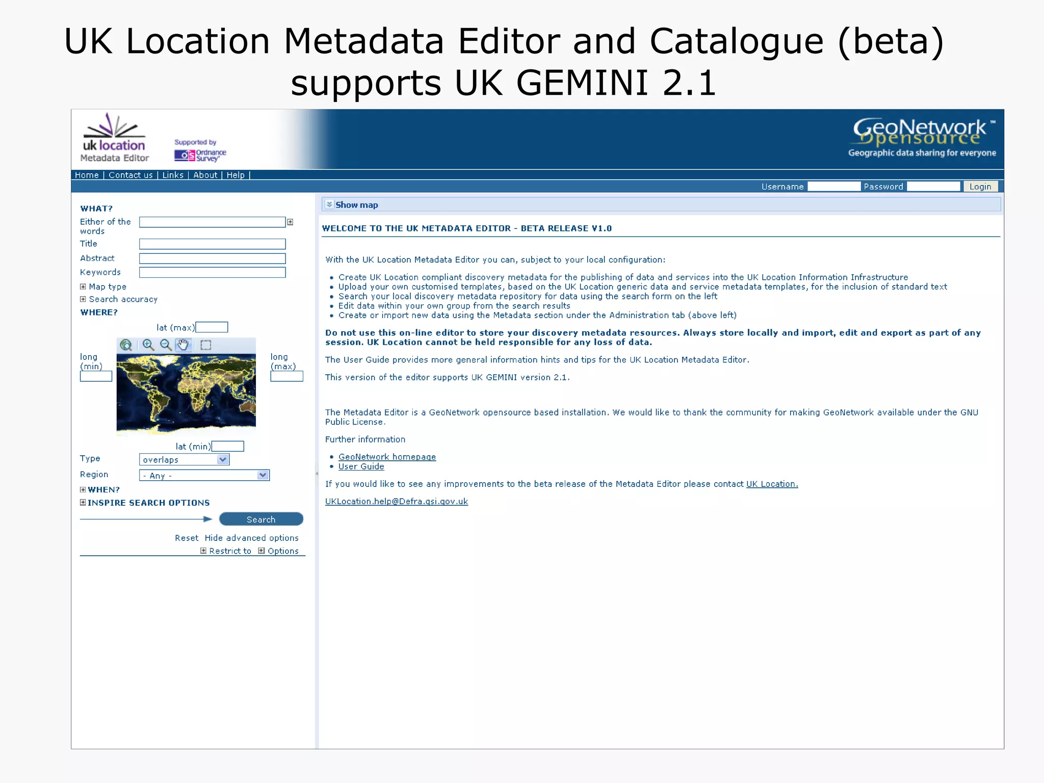 UK Location Metadata Editor and Catalogue (beta) supports UK GEMINI 2.1 