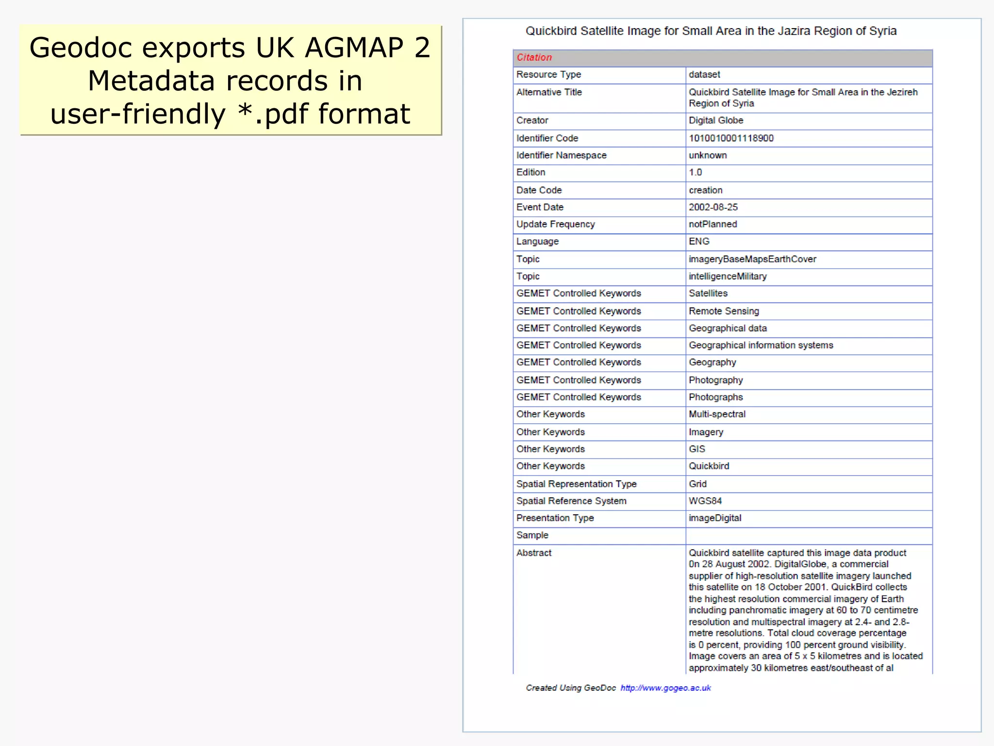 Geodoc exports UK AGMAP 2 Metadata records in  user-friendly *.pdf format 