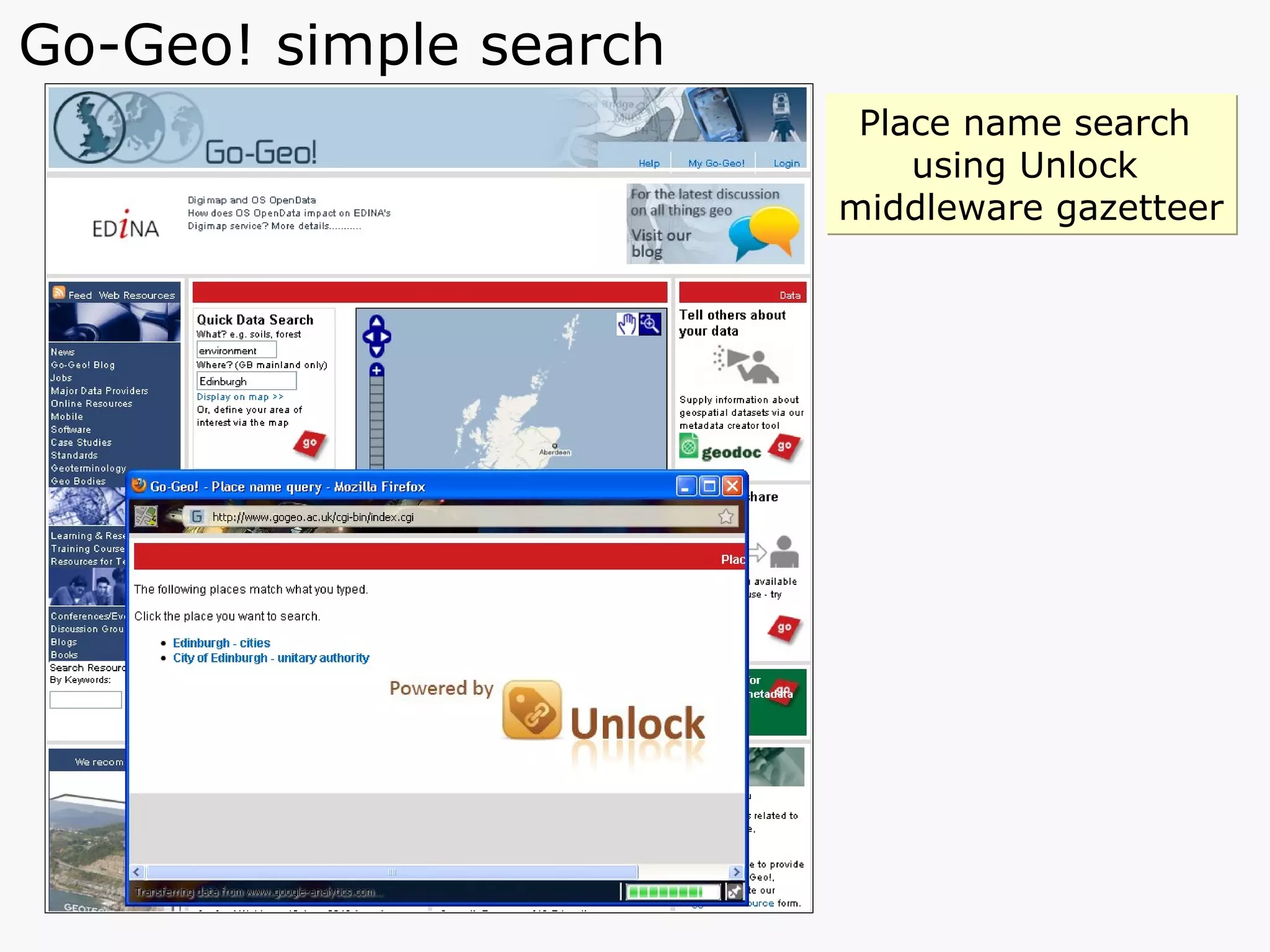 Go-Geo! simple search Place name search  using Unlock  middleware gazetteer 