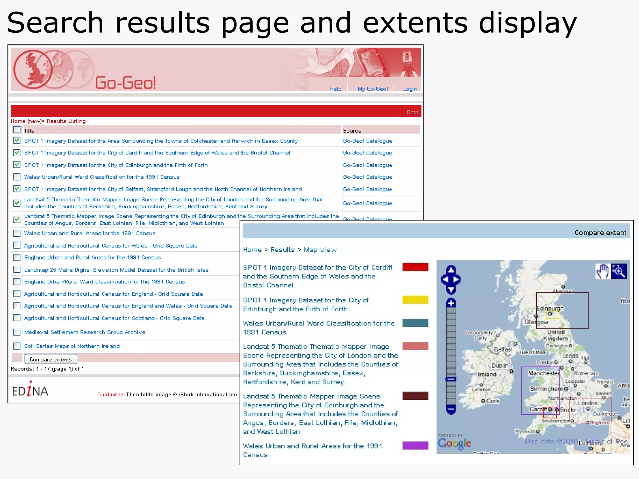 Search results page and extents display 