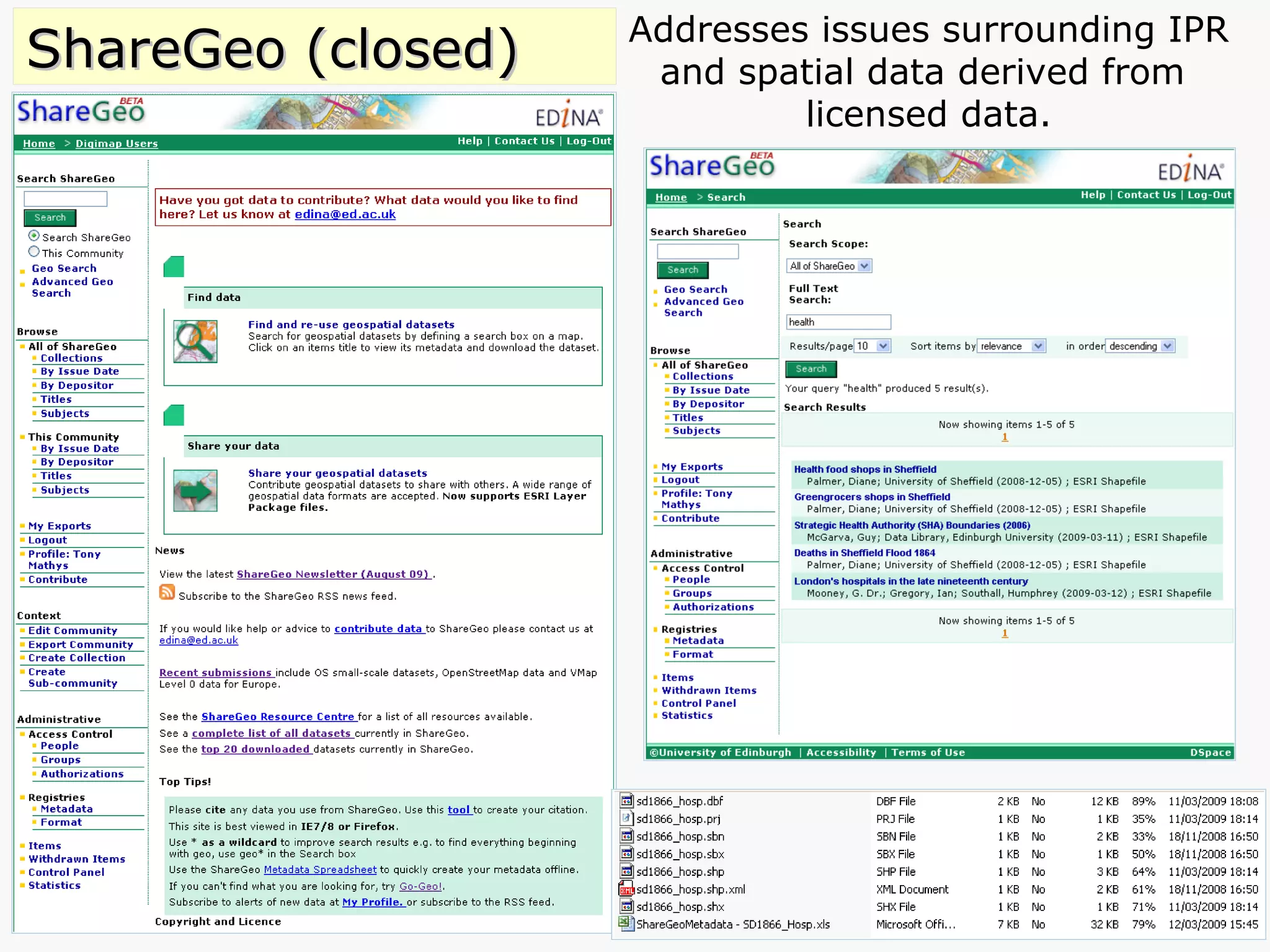 ShareGeo (closed) Addresses issues surrounding IPR  and spatial data derived from  licensed data. 