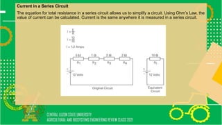 Current in a Series Circuit
The equation for total resistance in a series circuit allows us to simplify a circuit. Using Ohm’s Law, the
value of current can be calculated. Current is the same anywhere it is measured in a series circuit.
 