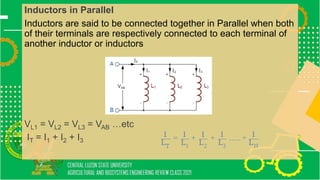Inductors in Parallel
Inductors are said to be connected together in Parallel when both
of their terminals are respectively connected to each terminal of
another inductor or inductors
VL1 = VL2 = VL3 = VAB …etc
IT = I1 + I2 + I3
 