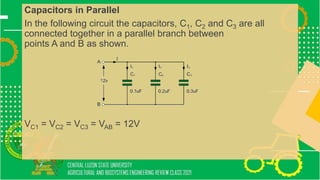 Capacitors in Parallel
In the following circuit the capacitors, C1, C2 and C3 are all
connected together in a parallel branch between
points A and B as shown.
VC1 = VC2 = VC3 = VAB = 12V
 