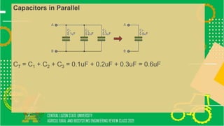Capacitors in Parallel
CT = C1 + C2 + C3 = 0.1uF + 0.2uF + 0.3uF = 0.6uF
 