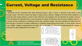 Current, Voltage and Resistance
Voltage
• Electricity can be compared with water flowing through a pipe. A force is required to get water to flow
through a pipe. This force comes from either a water pump or gravity. Voltage is the force that is applied to a
conductor that causes electric current to flow. Electrons are negative and are attracted by positive charges.
They will always be attracted from a source having an excess of electrons, thus having a negative charge, to
a source having a deficiency of electrons which has a positive charge. The force required to make electricity
flow through a conductor is called a difference in potential, electromotive force (emf), or more simply referred
to as voltage. voltage is designated by the letter “E”, or the letter “V”. The unit of measurement for voltage is
volts which is also designated by the letter “V”.
 