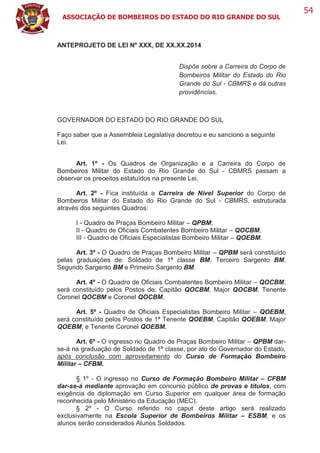 ASSOCIAÇÃO DE BOMBEIROS DO ESTADO DO RIO GRANDE DO SUL
54
ANTEPROJETO DE LEI Nº XXX, DE XX.XX.2014
Dispõe sobre a Carreira do Corpo de
Bombeiros Militar do Estado do Rio
Grande do Sul - CBMRS e dá outras
providências.
GOVERNADOR DO ESTADO DO RIO GRANDE DO SUL
Faço saber que a Assembleia Legislativa decretou e eu sanciono a seguinte
Lei.
Art. 1º - Os Quadros de Organização e a Carreira do Corpo de
Bombeiros Militar do Estado do Rio Grande do Sul - CBMRS passam a
observar os preceitos estatuídos na presente Lei.
Art. 2º - Fica instituída a Carreira de Nível Superior do Corpo de
Bombeiros Militar do Estado do Rio Grande do Sul - CBMRS, estruturada
através dos seguintes Quadros:
I - Quadro de Praças Bombeiro Militar – QPBM;
II - Quadro de Oficiais Combatentes Bombeiro Militar – QOCBM;
III - Quadro de Oficiais Especialistas Bombeiro Militar – QOEBM.
Art. 3º - O Quadro de Praças Bombeiro Militar – QPBM será constituído
pelas graduações de: Soldado de 1ª classe BM, Terceiro Sargento BM,
Segundo Sargento BM e Primeiro Sargento BM.
Art. 4º - O Quadro de Oficiais Combatentes Bombeiro Militar – QOCBM,
será constituído pelos Postos de: Capitão QOCBM, Major QOCBM, Tenente
Coronel QOCBM e Coronel QOCBM.
Art. 5º - Quadro de Oficiais Especialistas Bombeiro Militar – QOEBM,
será constituído pelos Postos de 1ª Tenente QOEBM, Capitão QOEBM, Major
QOEBM, e Tenente Coronel QOEBM.
Art. 6º - O ingresso no Quadro de Praças Bombeiro Militar – QPBM dar-
se-á na graduação de Soldado de 1ª classe, por ato do Governador do Estado,
após conclusão com aproveitamento do Curso de Formação Bombeiro
Militar – CFBM.
§ 1º - O ingresso no Curso de Formação Bombeiro Militar – CFBM
dar-se-á mediante aprovação em concurso público de provas e títulos, com
exigência de diplomação em Curso Superior em qualquer área de formação
reconhecida pelo Ministério da Educação (MEC).
§ 2º - O Curso referido no caput deste artigo será realizado
exclusivamente na Escola Superior de Bombeiros Militar – ESBM, e os
alunos serão considerados Alunos Soldados.
 