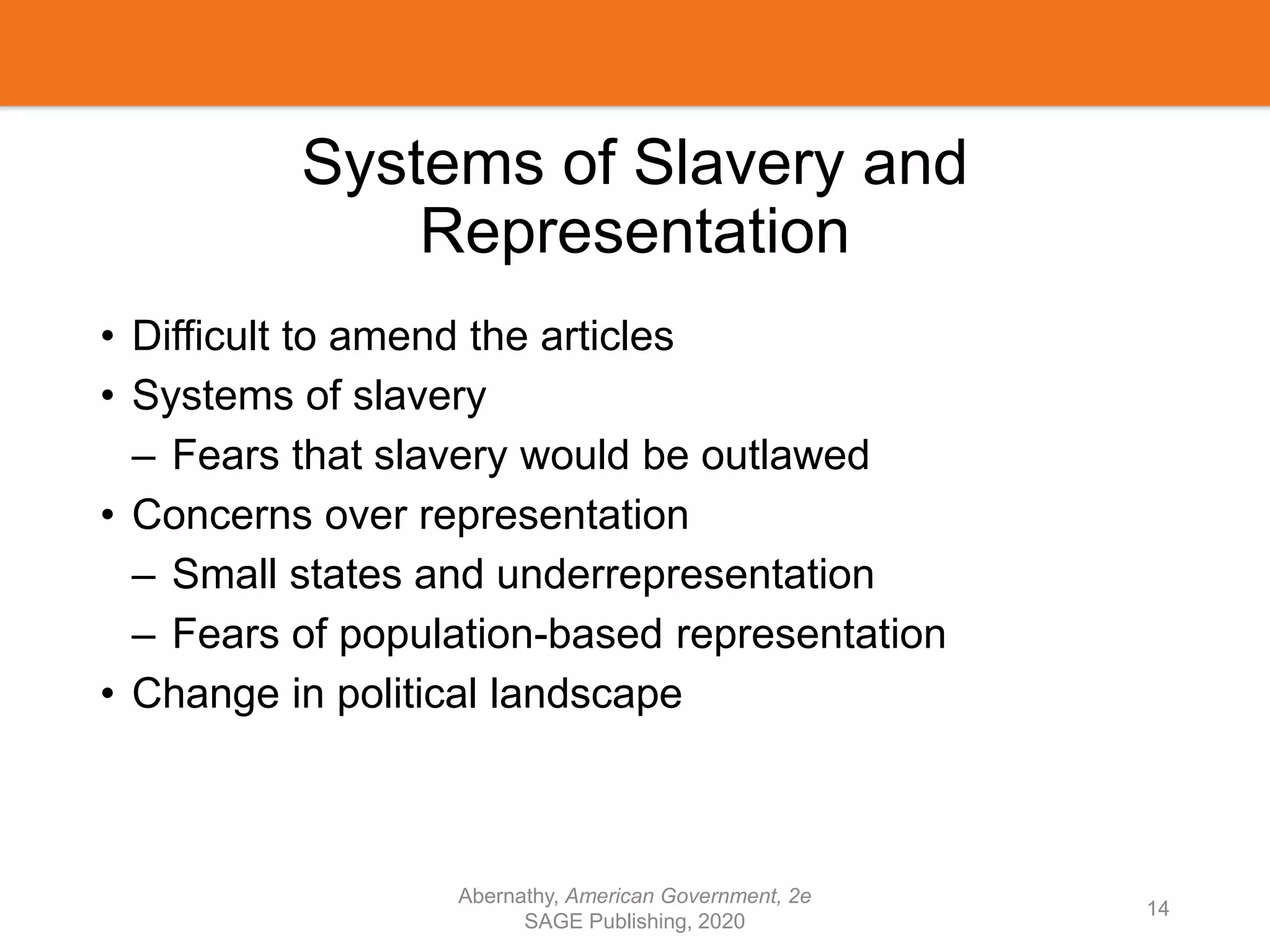 Systems of Slavery and
Representation
• Difficult to amend the articles
• Systems of slavery
– Fears that slavery would be outlawed
• Concerns over representation
– Small states and underrepresentation
– Fears of population-based representation
• Change in political landscape
Abernathy, American Government, 2e
SAGE Publishing, 2020
14
 