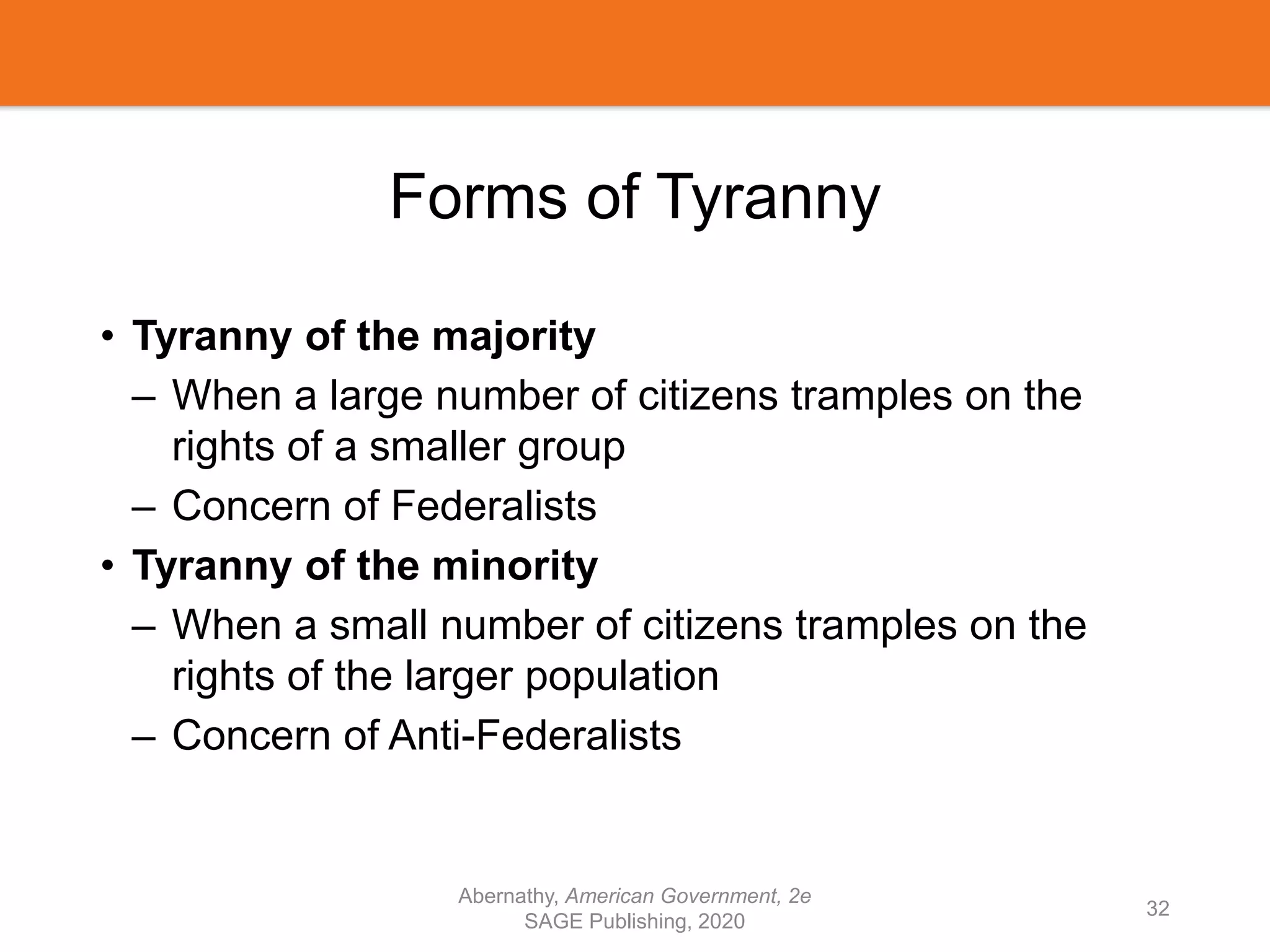 Forms of Tyranny
• Tyranny of the majority
– When a large number of citizens tramples on the
rights of a smaller group
– Concern of Federalists
• Tyranny of the minority
– When a small number of citizens tramples on the
rights of the larger population
– Concern of Anti-Federalists
Abernathy, American Government, 2e
SAGE Publishing, 2020
32
 